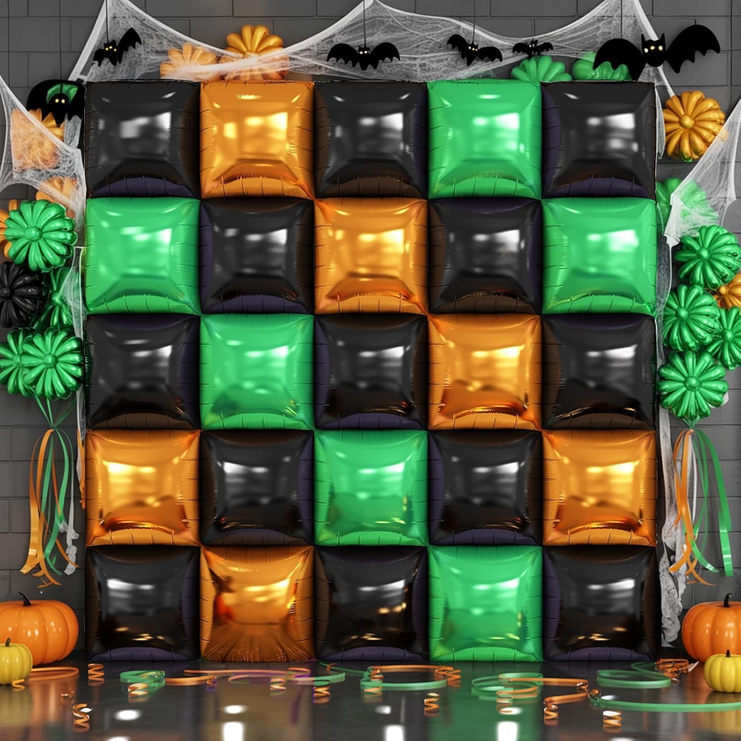 Party Decor Square Foil Balloon Wall Kit (Black, Orange, Green, 25-Piece Set) zb6ju