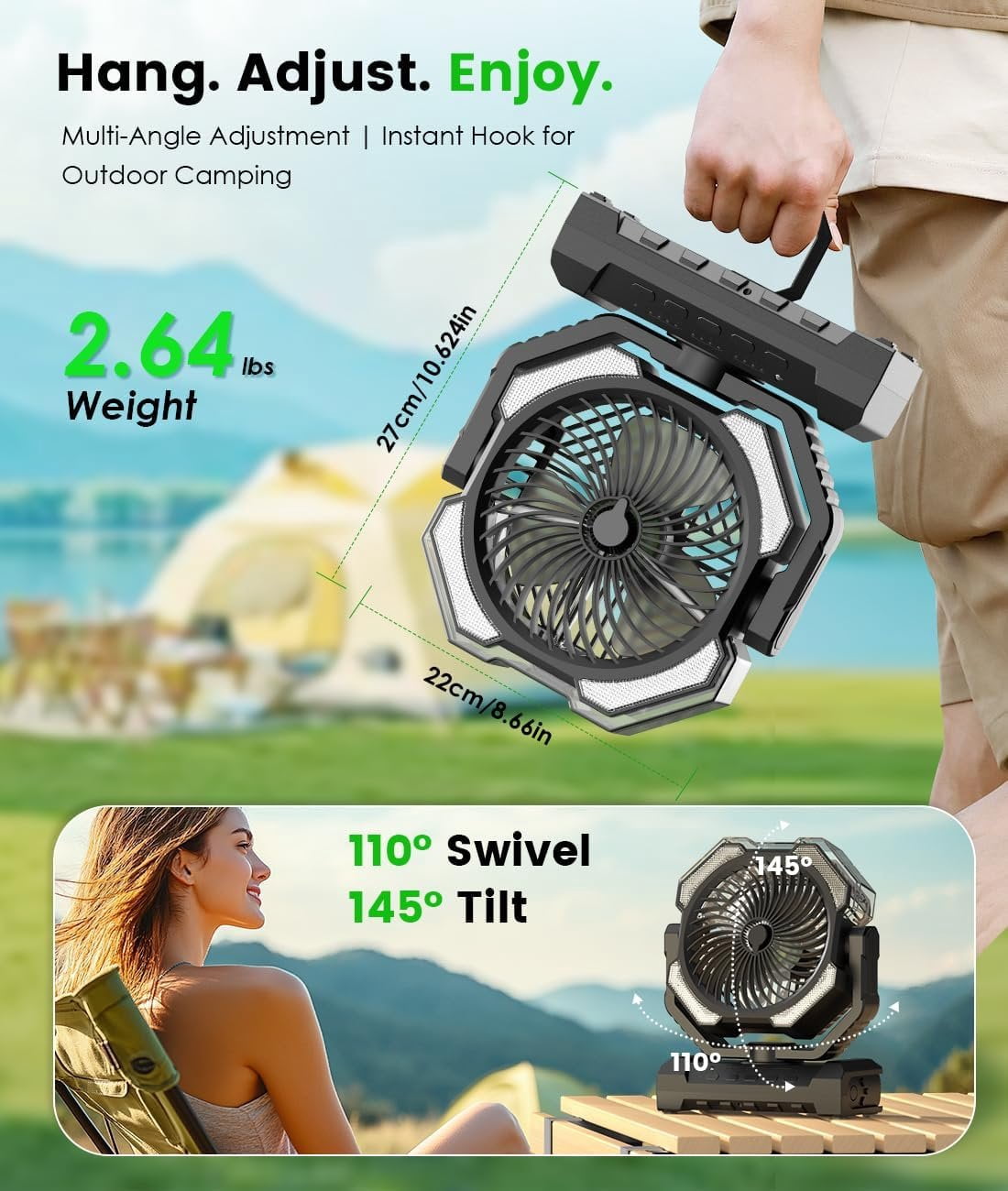 Generic Camping Misting Fan Portable Rechargeable Cooling Fan with LED Light and Remote (Black, 9 oz) vhk1z