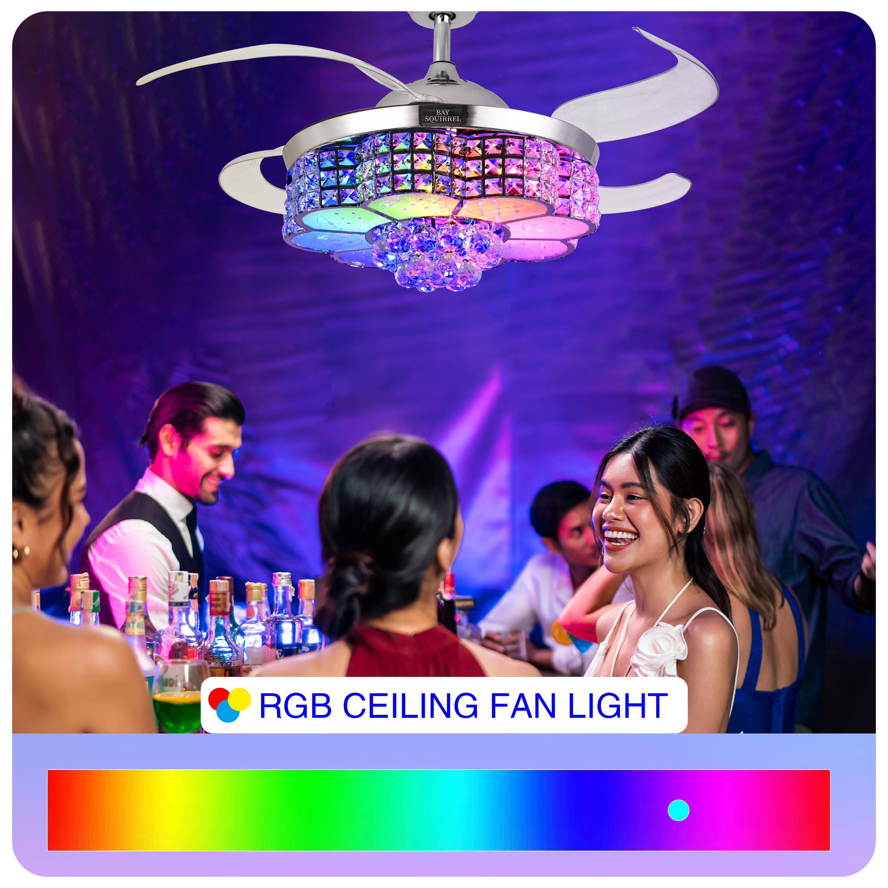 BAYSQUIRREL Retractable Crystal Ceiling Fan with RGB LED Light, Bluetooth Speaker, Remote & APP Control (6 Speeds, 42 in) 34zws