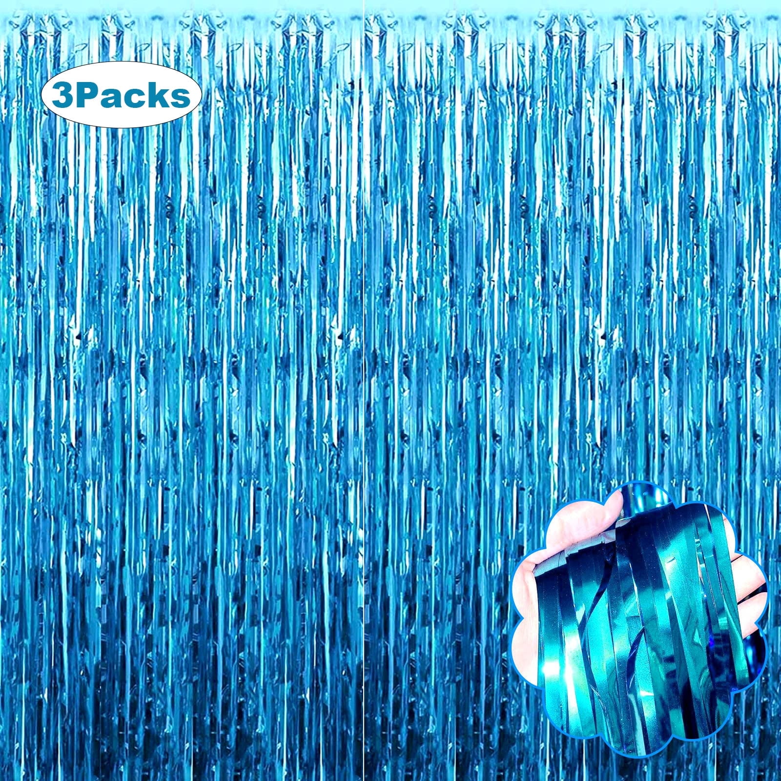 Gogcaro Foil Fringe Backdrop Curtains, Metallic Tinsel Streamers for Party Decorations (Lake Blue, 3 Pack, 3.2 ft x 9.8 ft) 8riwb
