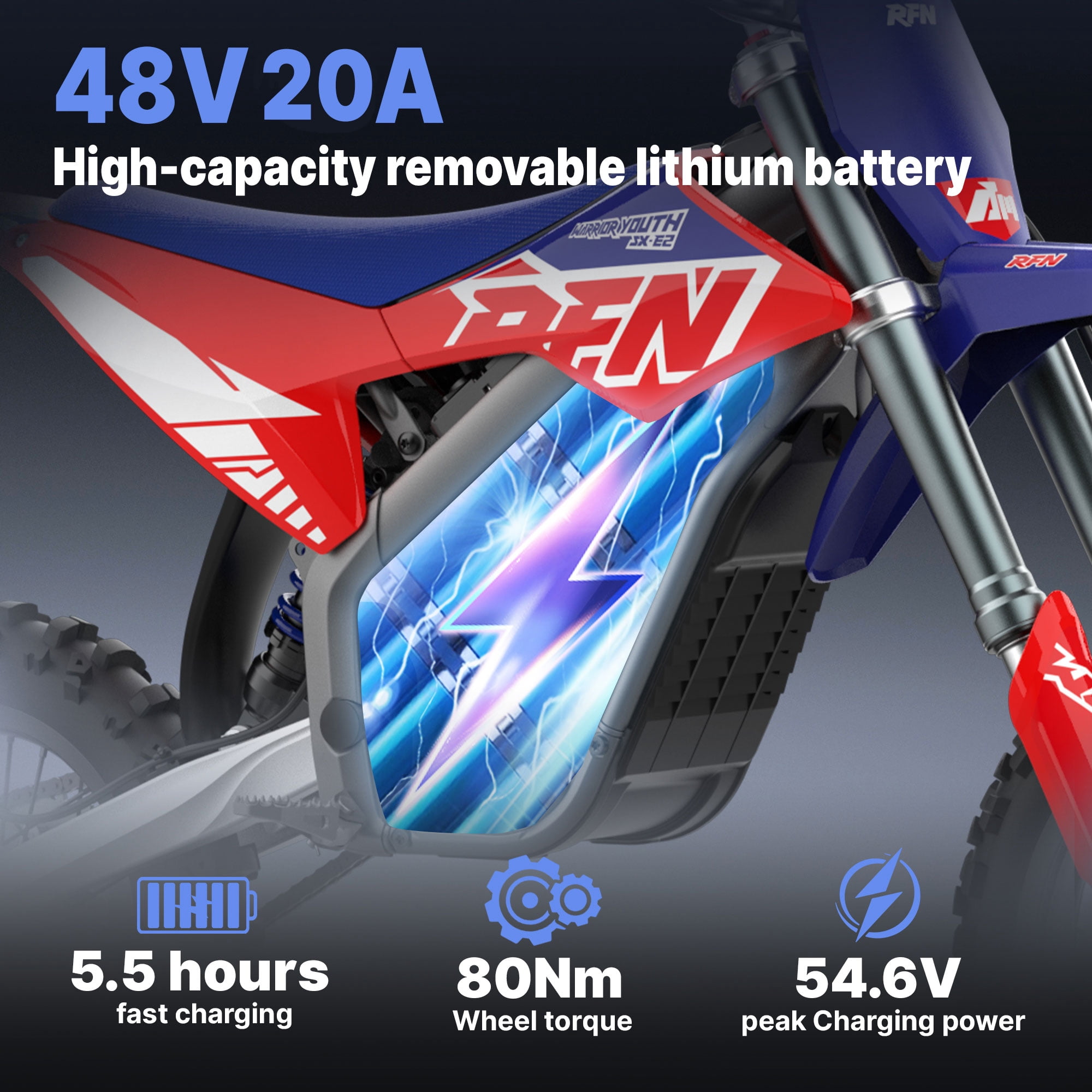 RFN Warrior Youth SX-E2 Electric Dirt Bike, High-Performance Off-Road eBike with 2000W Brushless Motor (Blue, 178 lb Capacity) 6zrvd