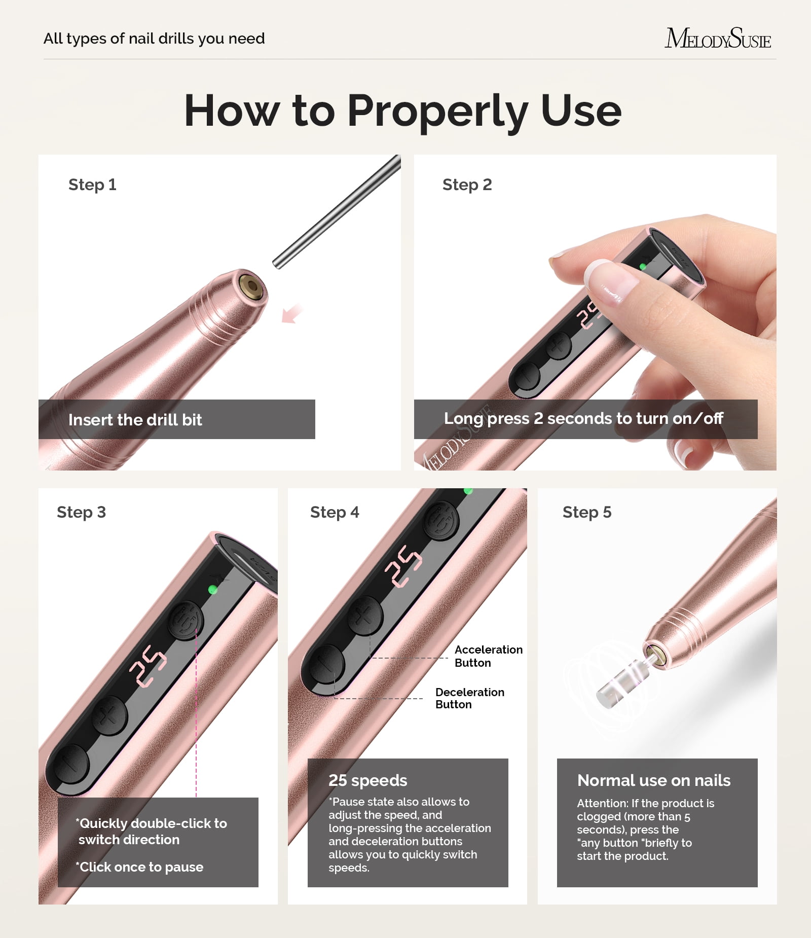 MelodySusie Portable Cordless Electric Nail Drill, Professional Rechargeable E-File for Acrylic and Gel Nails (Gold, 0.15 lb) pjqx7