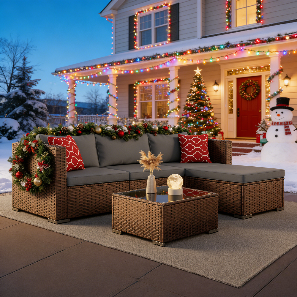 Asofer 5-Piece Outdoor Sectional Sofa Set with Glass Coffee Table and Cushions (Gray, 85 in x 52 in x 25 in) wh9kt