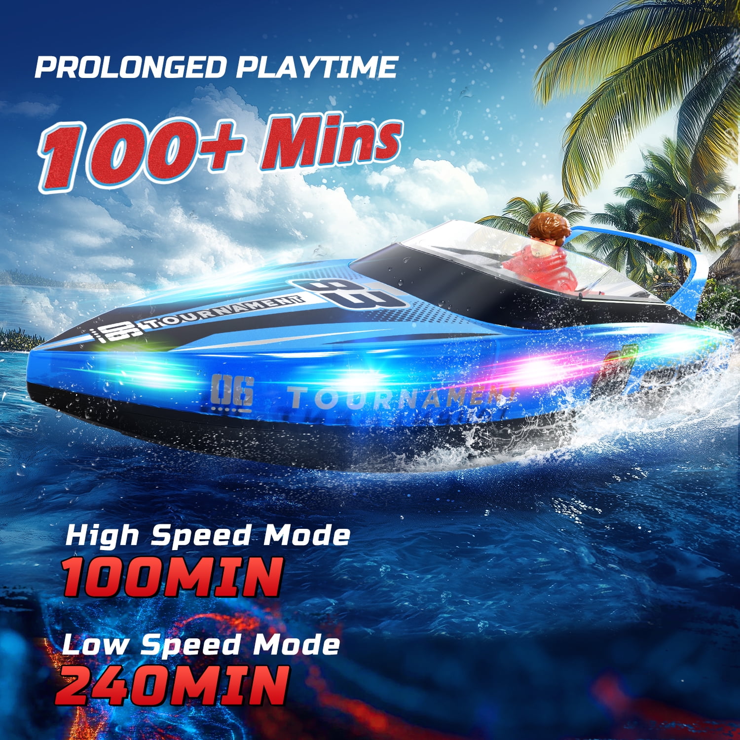 JoyStone RC Boat with LED Lights, Dual Motor Remote Control Racing Speedboat for Pools and Lakes (Blue, 10 in) dva7n