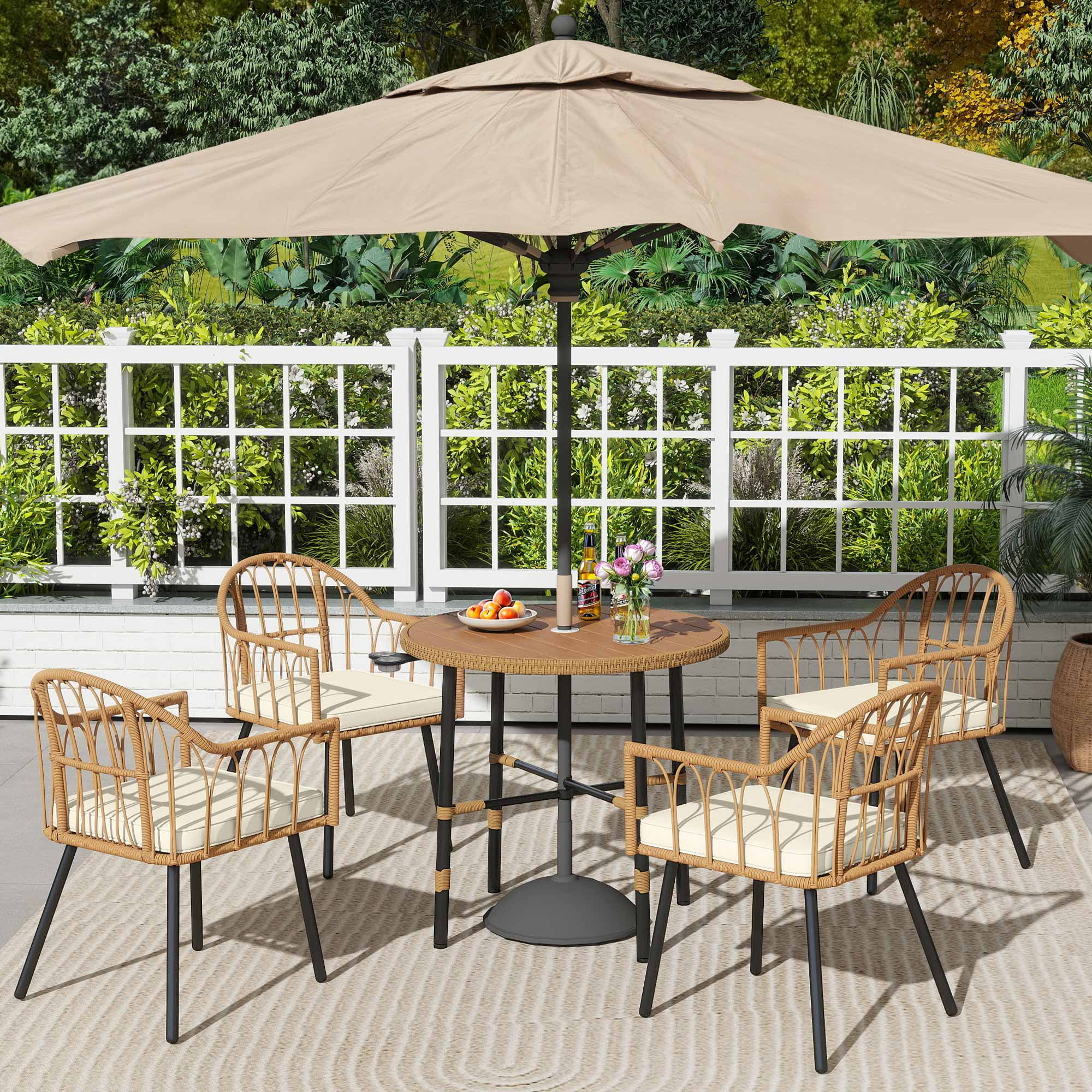 Uforic 5-Piece Outdoor Patio Dining Set, Rattan Wicker Chairs and Round Table with Umbrella Hole (Beige, 5-Piece Set) w85un