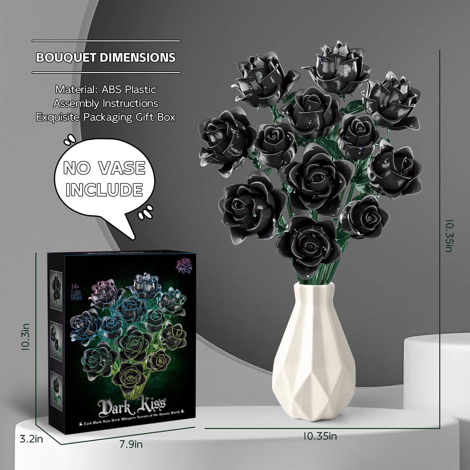 Honchoes Black Rose Flower Bouquet Building Set, Artificial Floral Decor for Home and Office (Black, 585 Pcs) alaxi
