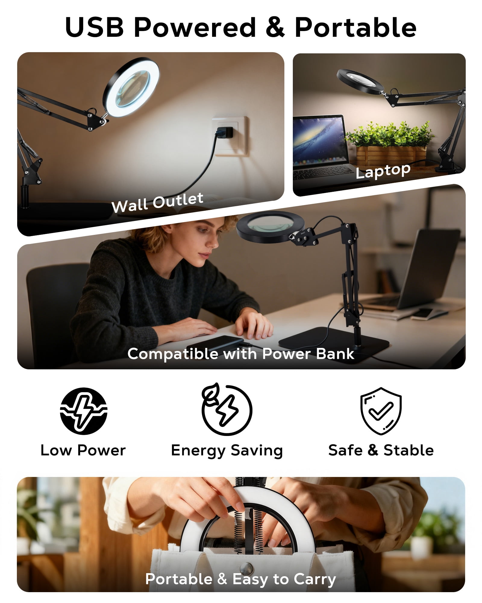 WEENEED 10X Magnifying Lamp with LED Light, Adjustable Swing Arm, Desk Clamp and Base (Black, 6.3 in Lens) kcp4c