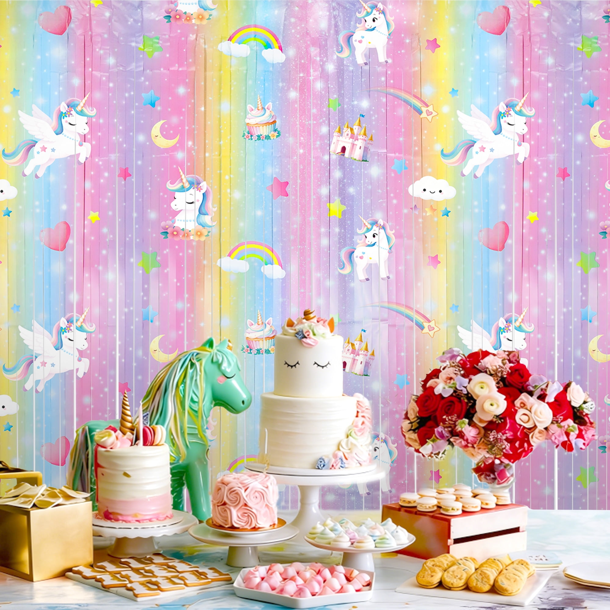 Sinekong Unicorn Tinsel Foil Fringe Curtains, Pastel Rainbow Party Backdrop (2 Pack, 3.3 ft x 6.6 ft) njl2w