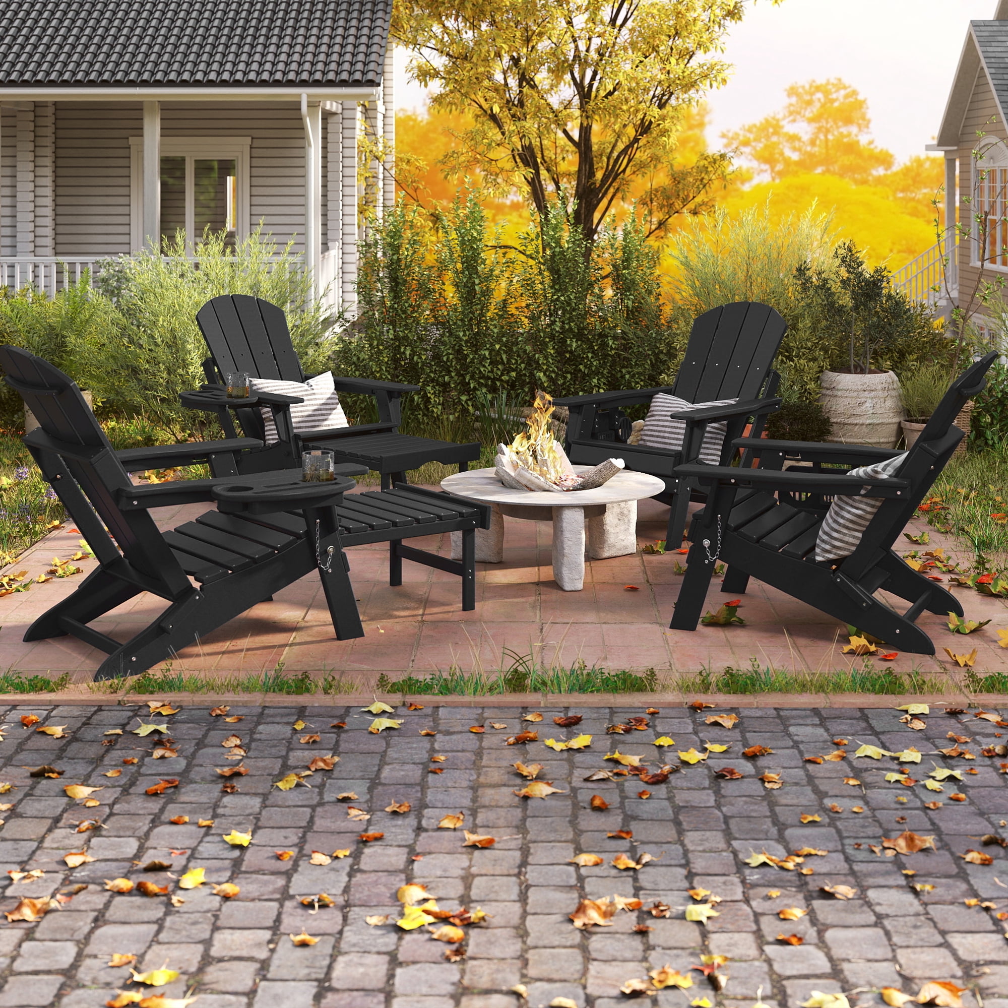 FOOWIN Folding Adirondack Chair with Retractable Ottoman, Adjustable Backrest HDPE Patio Chair with Cup Holder Tray (Black) ltl1r