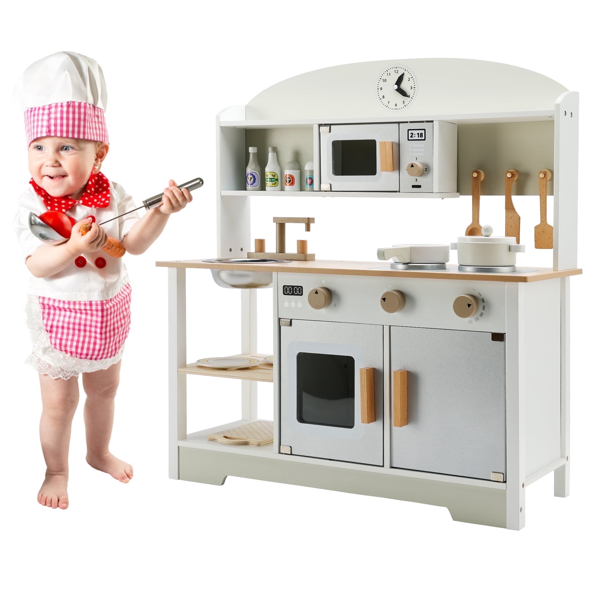 Bruce & Shark Kids Wooden Pretend Play Kitchen Set with Microwave, Sink, and Cookware Accessories (White, 28.35 x 26.77 x 10.24 in) zopix