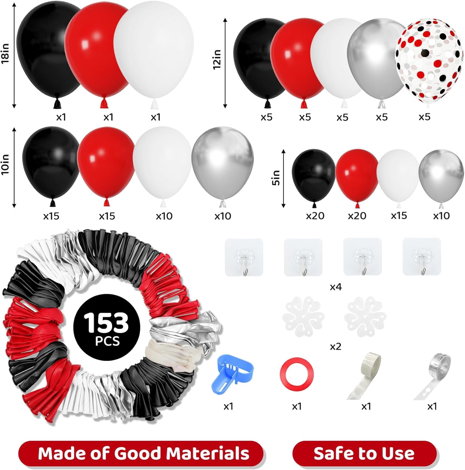 Generic Balloon Arch Garland Kit (153-Piece Set, Red Black White Silver Metallic Confetti Latex Balloons, 5 in to 18 in) 2th79