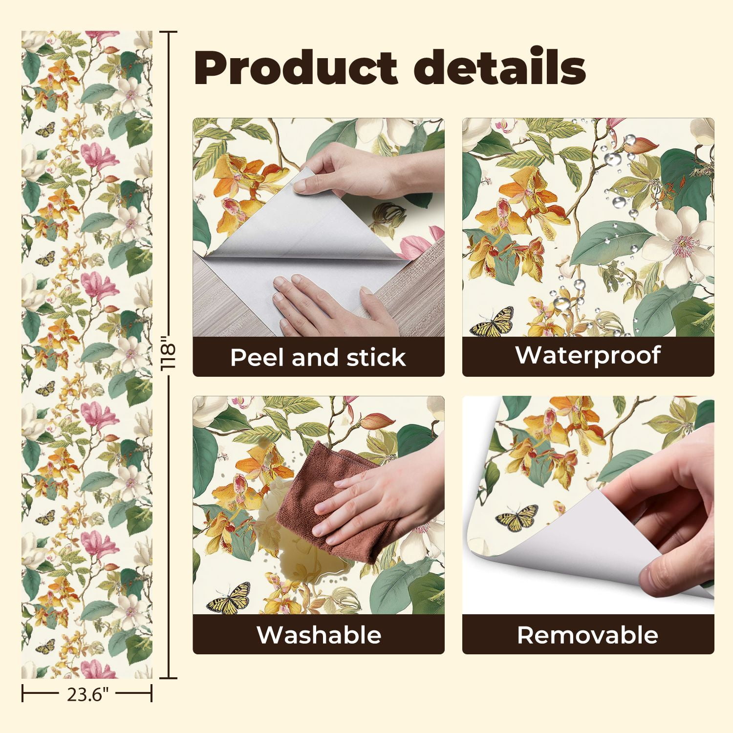 Kanworse Boho Peel and Stick Wallpaper Vintage Floral Wall Mural (Multicolor, 23.6 in x 9.8 ft) ci5fx