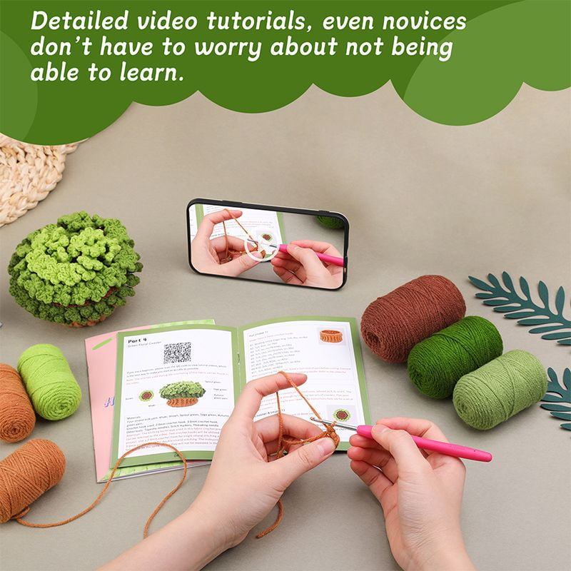 DIYCT Beginner Crochet Kit, Green Plant Coaster Craft Set with Step-by-Step Video Tutorials (Green, 1 Set) imogs