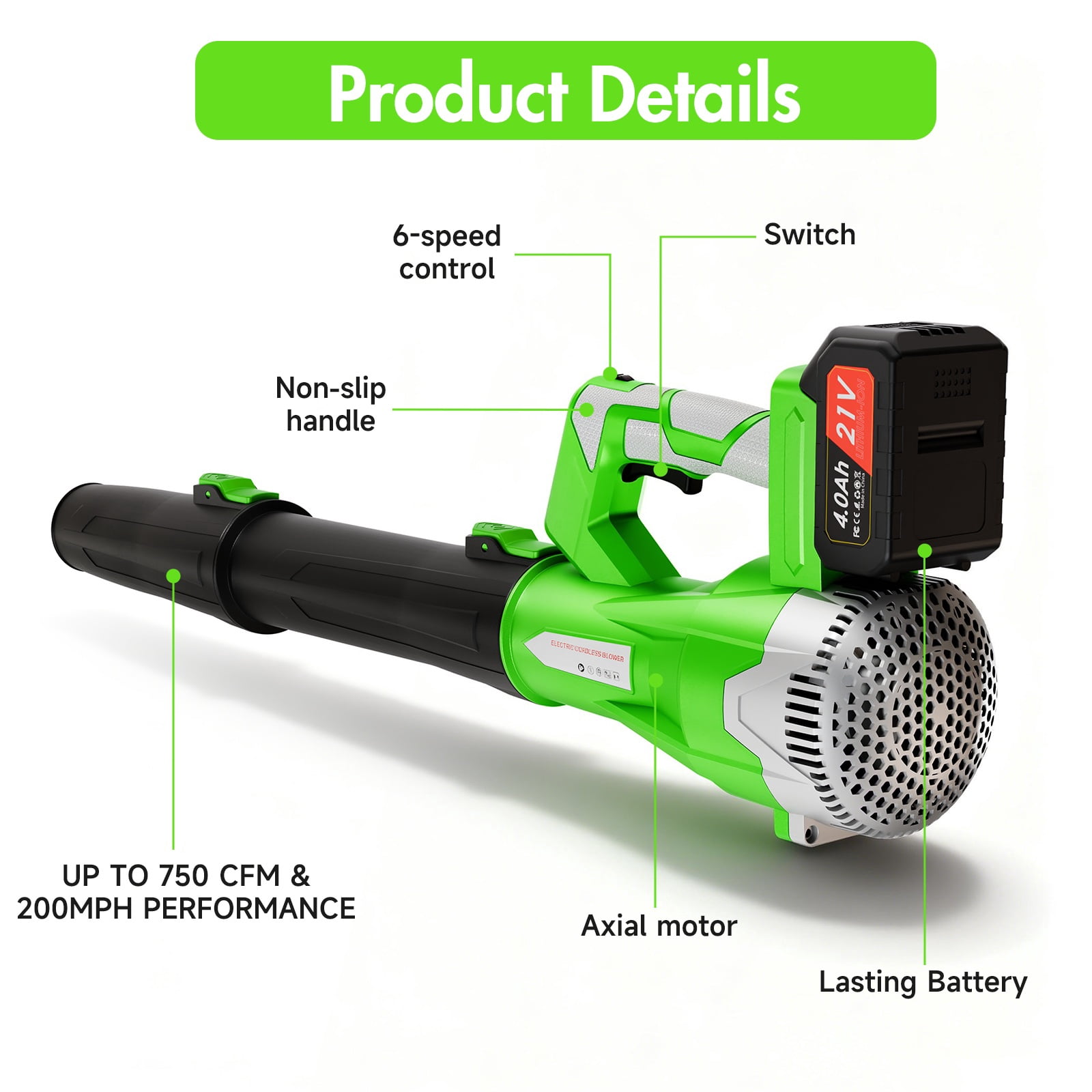 CATGOOD 21V Cordless Leaf Blower, 750CFM 200MPH Electric Blower with 6 Speed Control and 2 Batteries (Black, 3.2 lb) vkwln