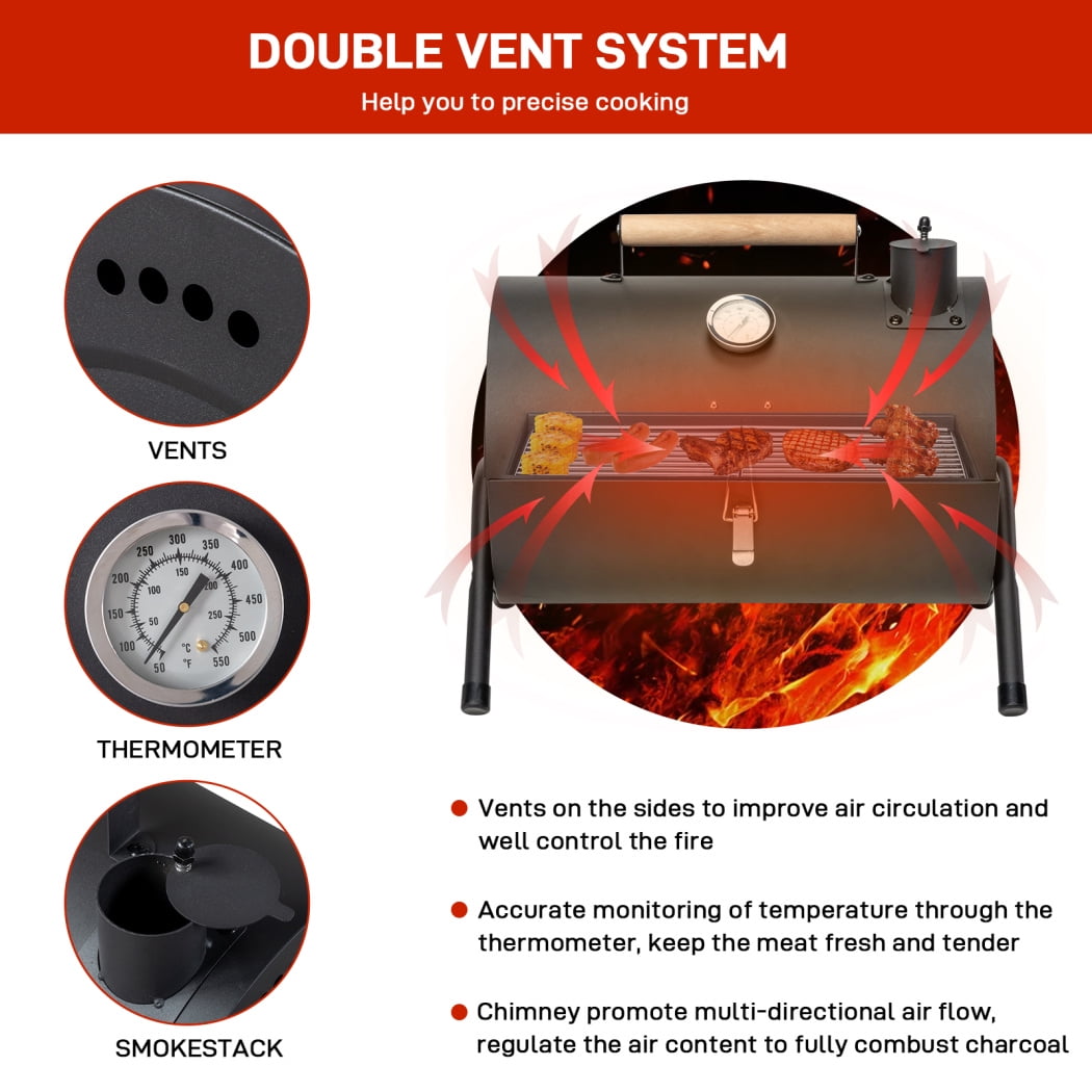 Triple Tree Portable Charcoal Grill with Thermometer and Wooden Handle, Compact Tabletop BBQ Smoker for Outdoor Camping (Black, 13.5 in x 8.5 in) 3jfp7