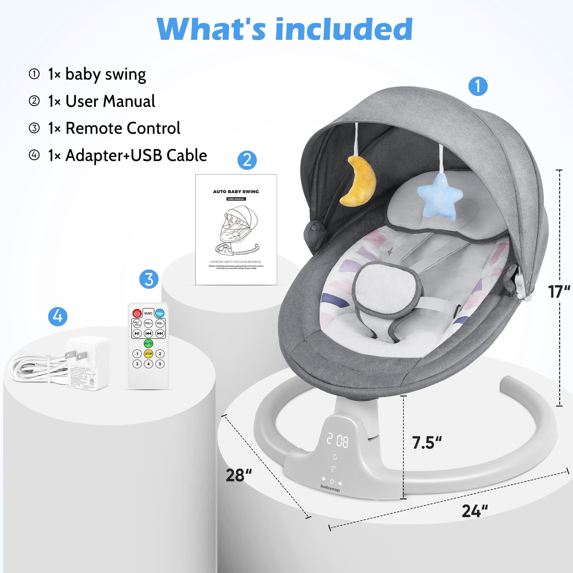 Babyeap Baby Swing for Infants with Bluetooth Remote Control and 5 Speed Settings (Gray) kq2zo