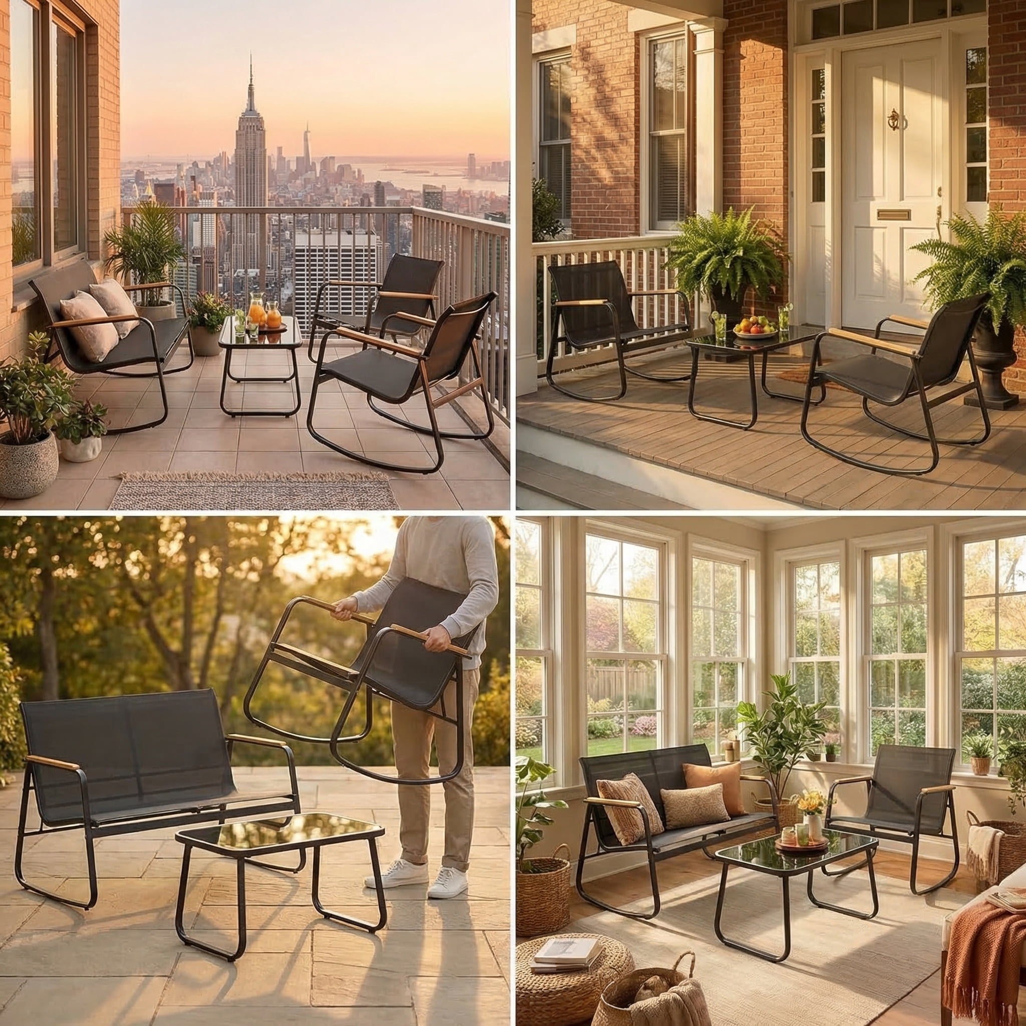 Jolifa 4-Piece Outdoor Conversation Set with Rocking Chairs and Coffee Table (Black, 4-Piece Set) 7cuwo
