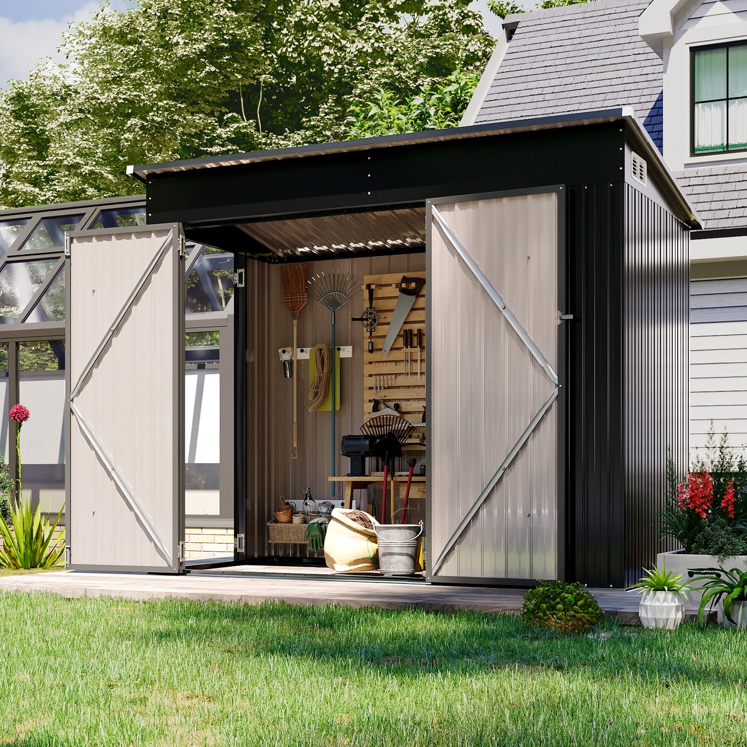 BaPiPro Metal Storage Shed, Outdoor Garden Tool Organizer with Triple Lockable Doors and Vents (Black, 8 ft x 4 ft) 89c66
