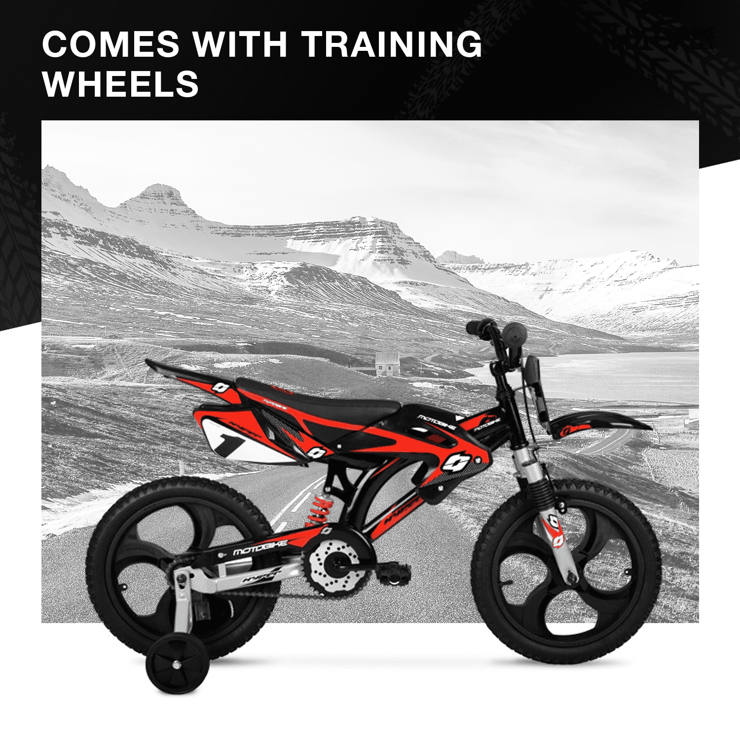 Hyper Bicycles 16 in Moto Bike for Kids, Durable Steel Frame with Training Wheels (Black/Red, 16 in) q75c1