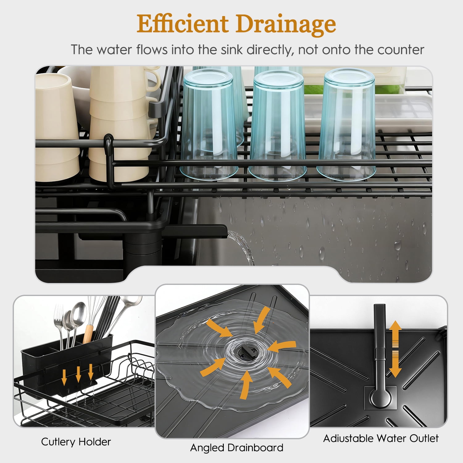 AOKIWO Extendable Dish Drying Rack, Large Capacity Kitchen Counter Drainer with Utensil Holder (Black, 11 in to 21.7 in) gbbk8