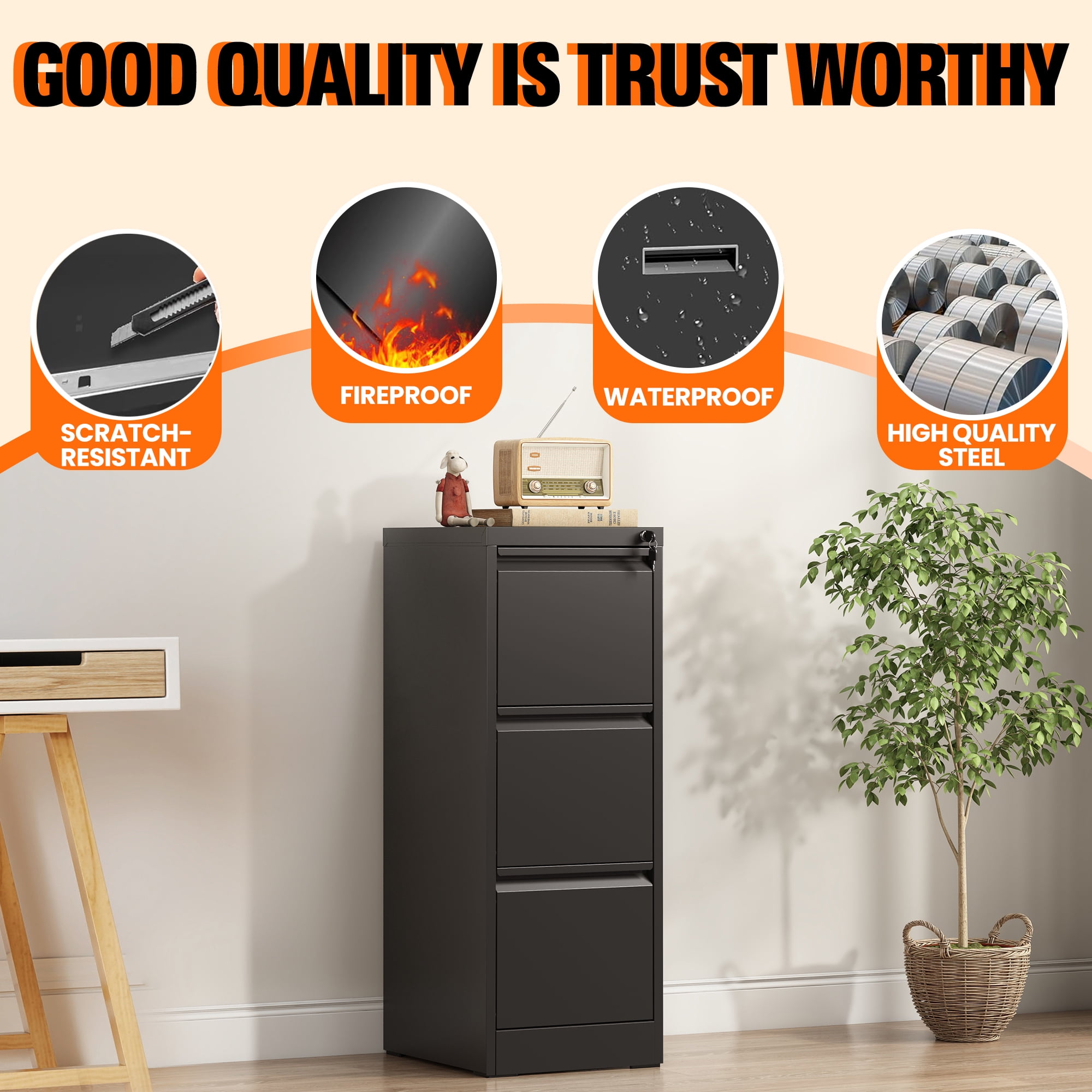BIZOEIRON 3-Drawer Vertical Filing Cabinet with Lock, Heavy-Duty Steel Office Storage for Legal and Letter Files (Black) r9qb8