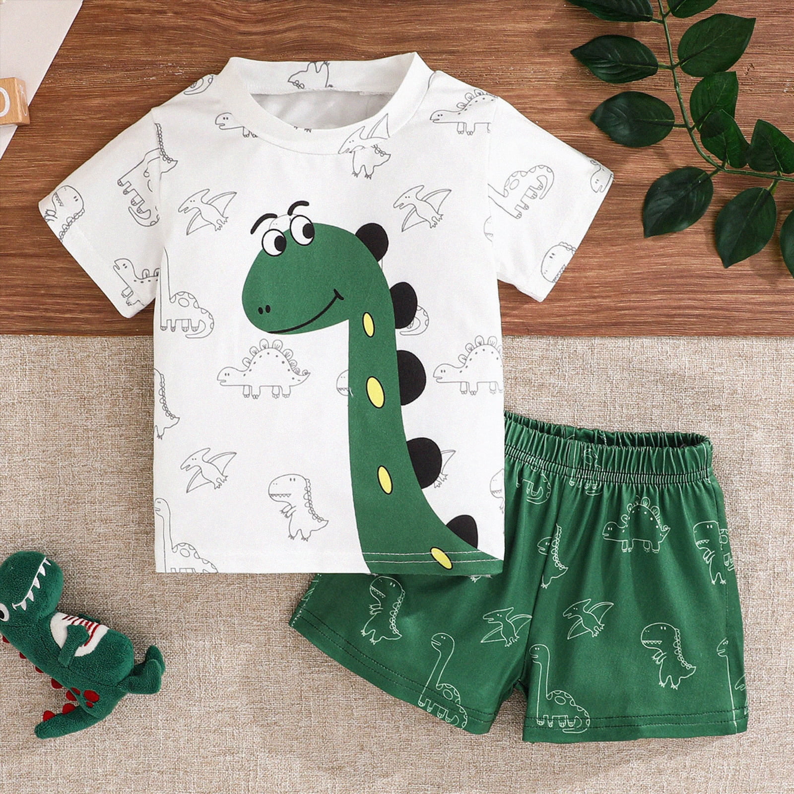 KPOPLK Toddler Baby Boy 2-Piece Outfit Set Short Sleeve Bodysuit and Shorts Cartoon Dinosaur Print (Green, 2-3T) eeun6