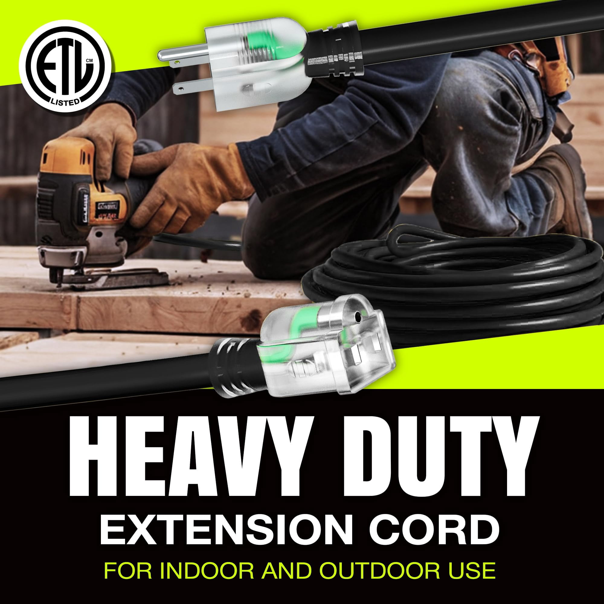 LifeSupplyUSA Heavy-Duty Waterproof Power Extension Cord (Black, 100 ft) j5q1d