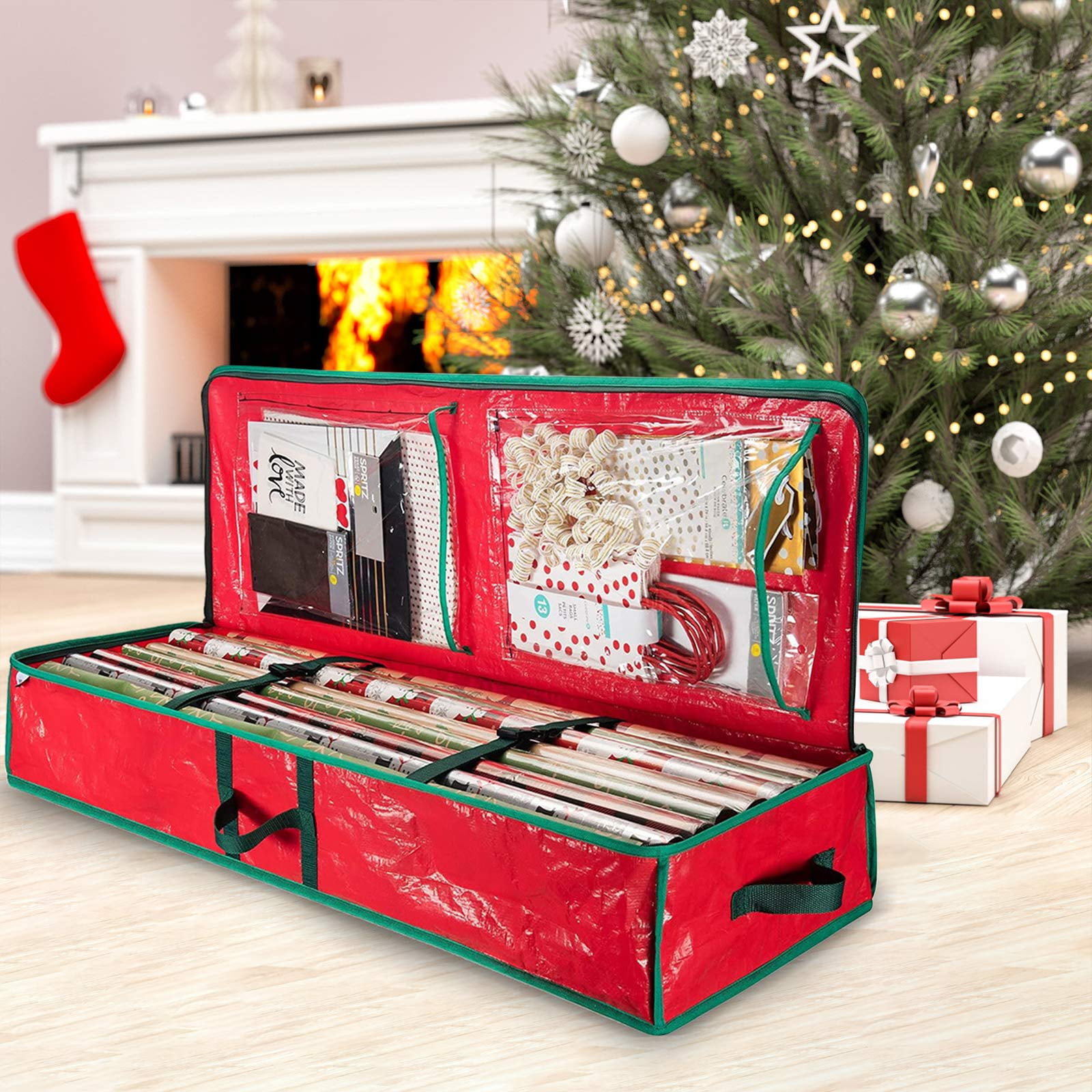 AYktou Wrapping Paper Organizer Storage, Tear-Resistant Fabric Gift Wrap Holder with Inner Pockets (Red, 41x14x6 in) 1o5dv