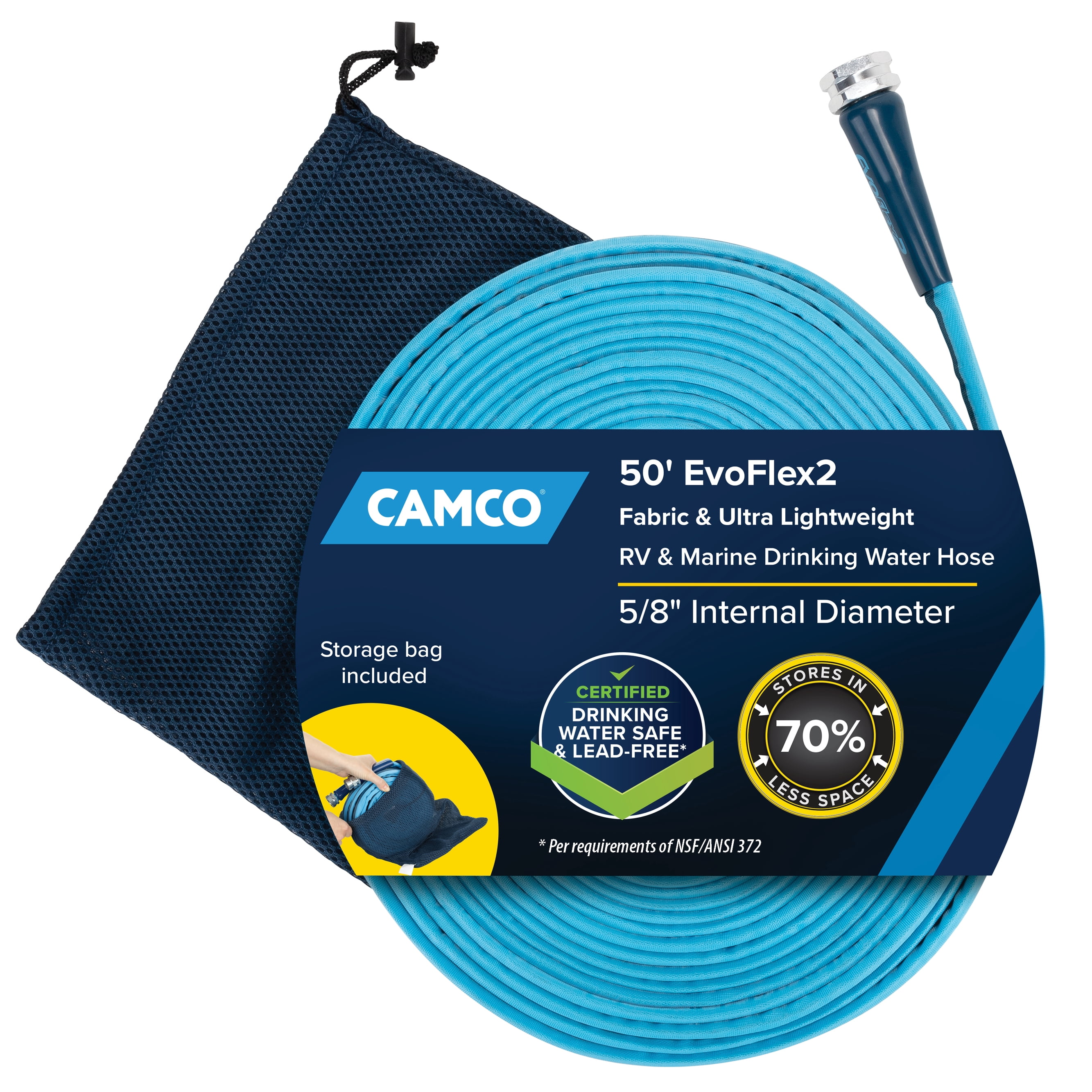 Camco EvoFlex2 RV Drinking Water Hose, Lead-Free & BPA-Free Flexible Water Supply Line (Blue, 50 ft x 0.625 in) rvh6z