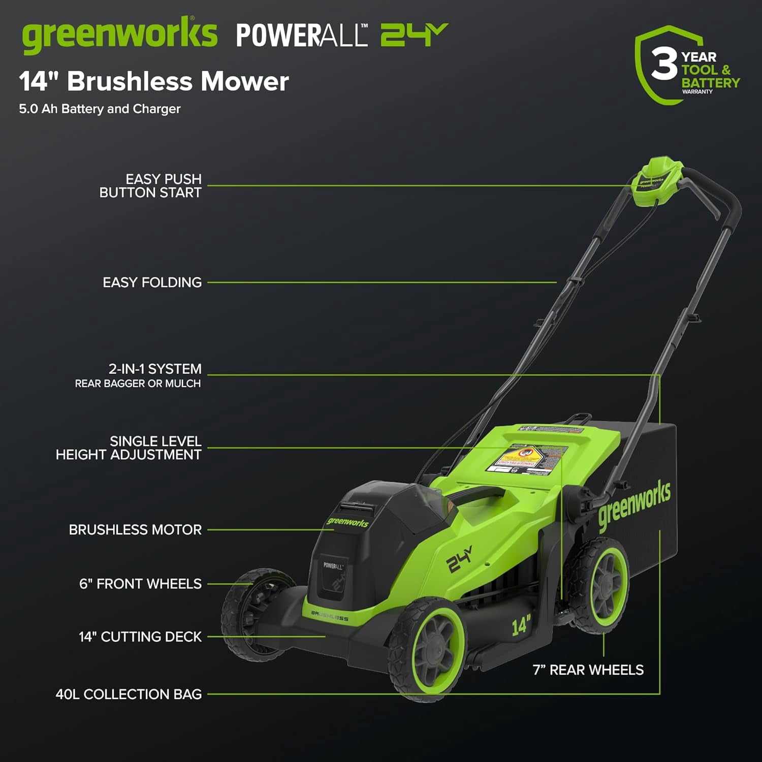 Greenworks 24V 14 in Brushless Cordless Lawn Mower Kit with 5.0Ah USB-C Battery and 65W Charger (Green, 14 in) tiphk