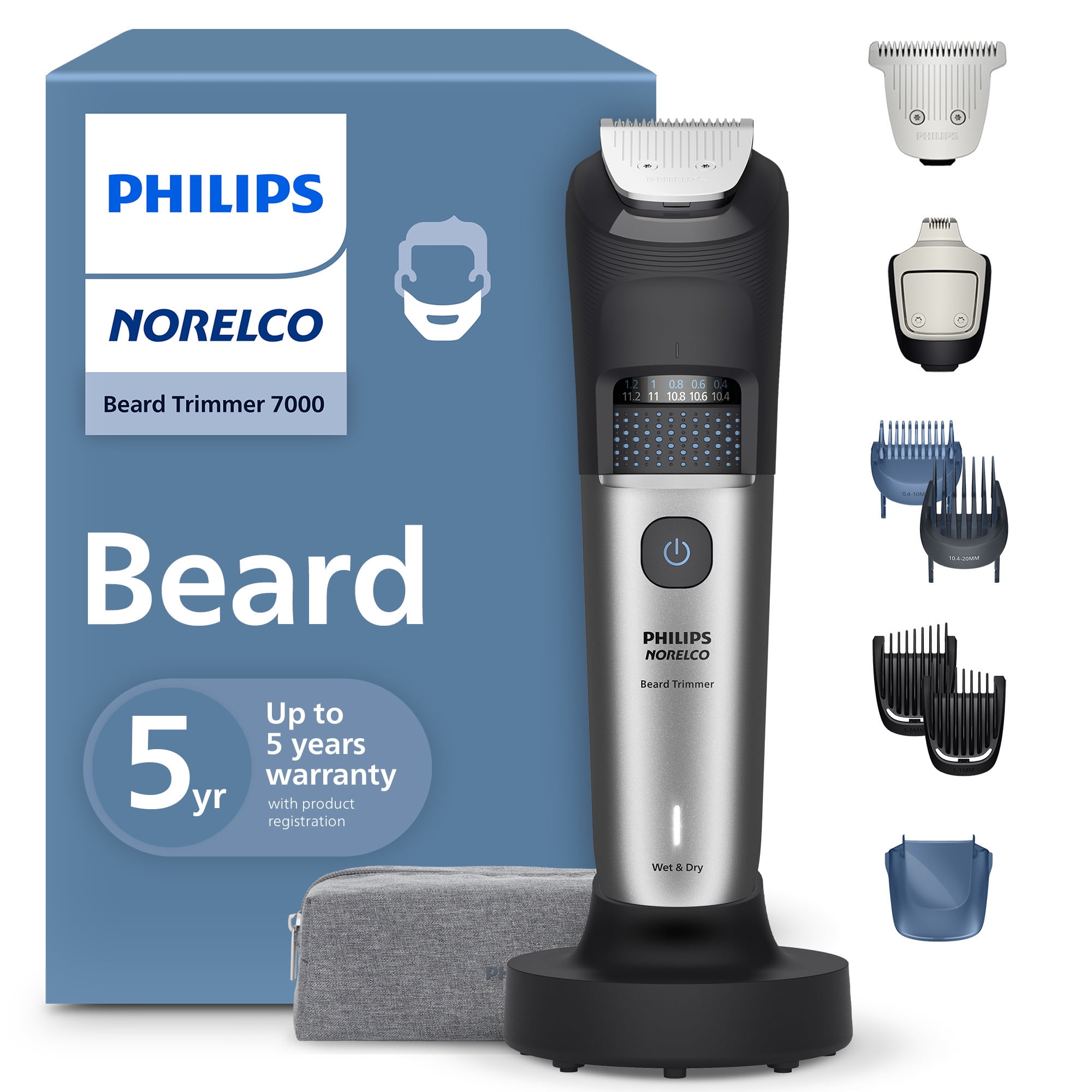 Philips Norelco Beard Trimmer 7000 Series, Waterproof Electric Grooming Kit with 40 Length Settings (Silver) szsn8