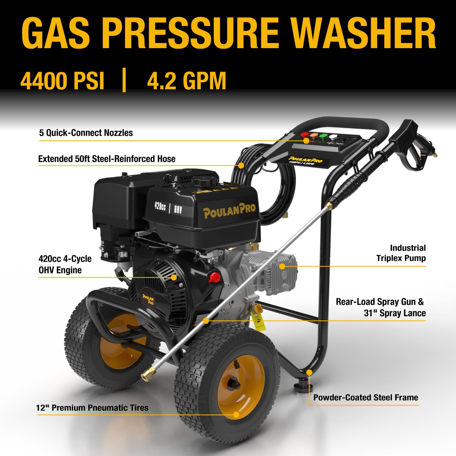 Poulan Pro Gas Pressure Washer (4400 PSI, 4.2 GPM, 420cc Engine, 50 ft Hose, 12 in Wheels) voi2l