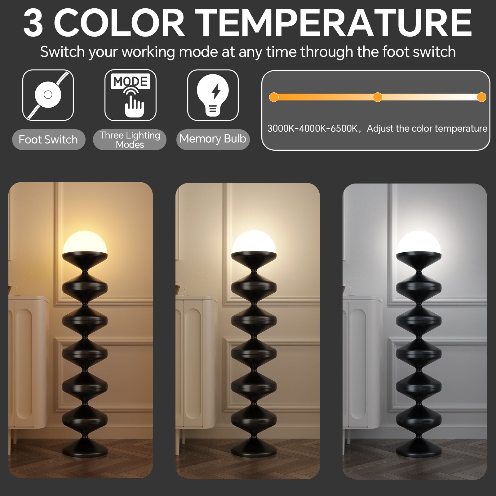 SUNMORY Modern Metal Floor Lamp, Dome Shape Standing Light with Acrylic Shade for Living Room and Bedroom (White, 46.69 in) cuafn