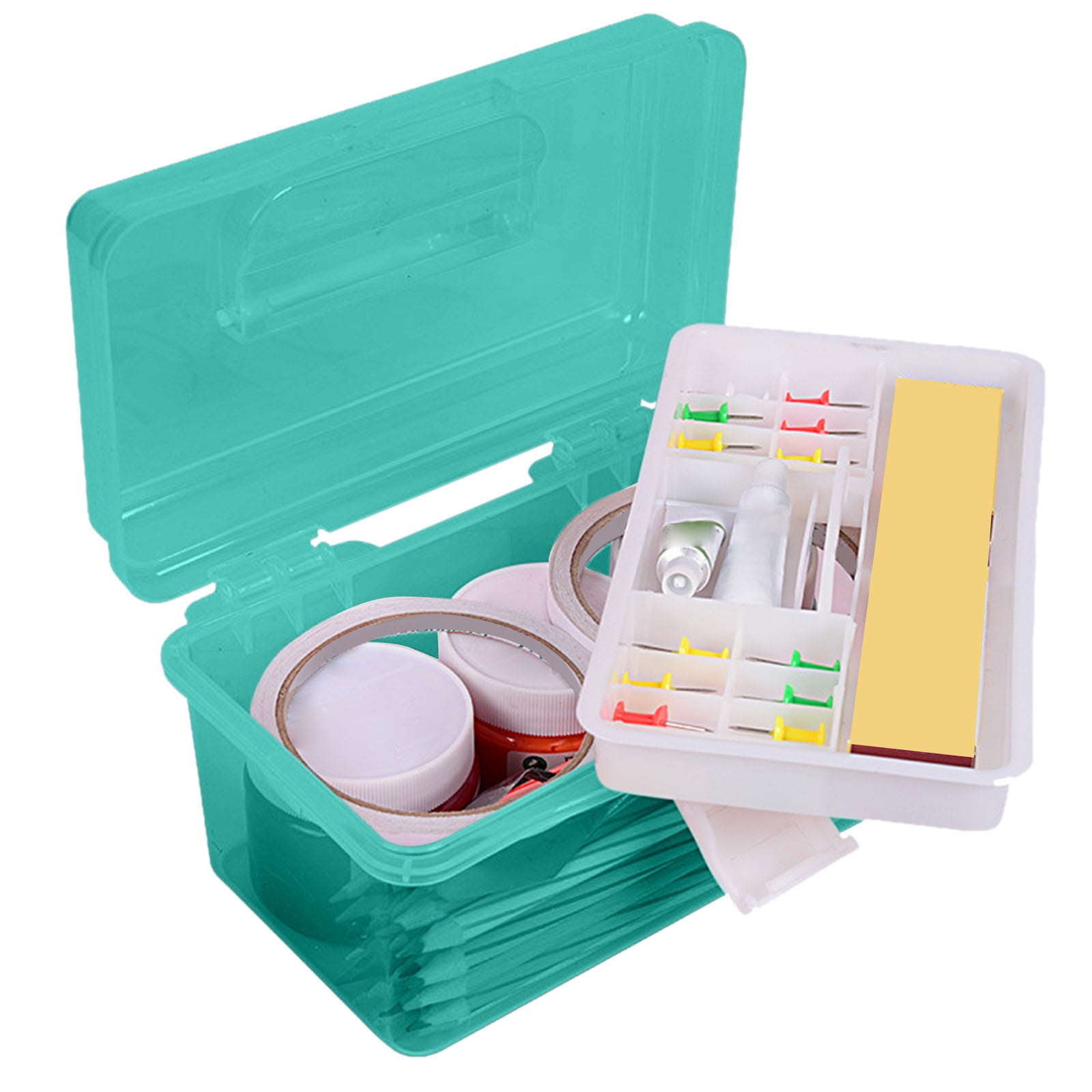 YDYB Multipurpose Plastic Storage Organizer with Removable Tray and Handle (Clear and Green, 7.1 in x 3.5 in x 4.1 in) 52shm