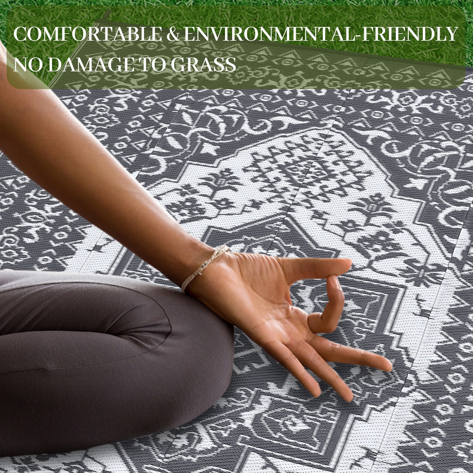 HOMERRY Geometric Floral Outdoor Rug Waterproof Reversible Plastic Carpet for Patio RV (White/Gray, 8 ft x 10 ft) kbbgr
