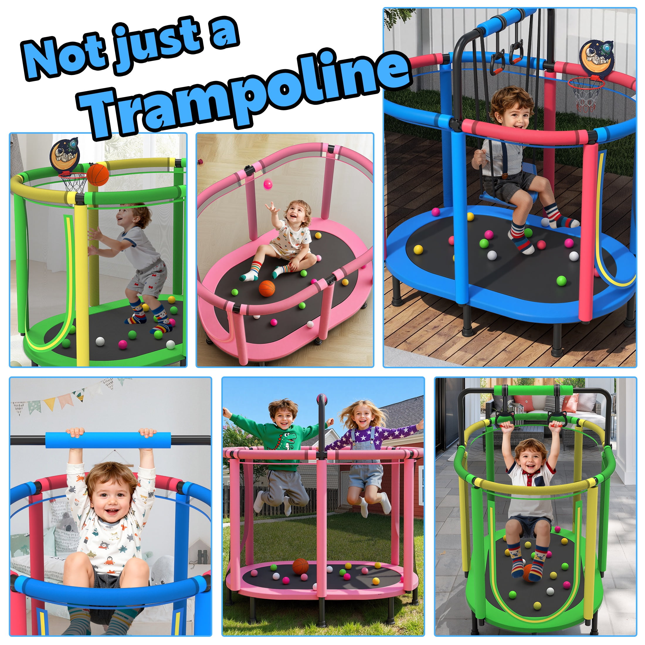 Segmart Kids Trampoline with Safety Enclosure, Basketball Hoop, Swing, and Gymnastic Rings (Blue, 60 in) zgj3e