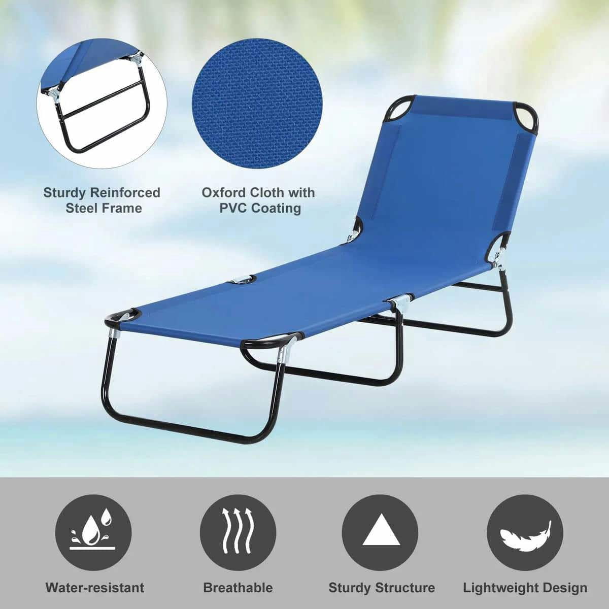 Spaco 5-Level Reclining Beach Chair, Folding Outdoor Sun Lounger with Steel Frame (Blue, 1-Pack) 6cizy
