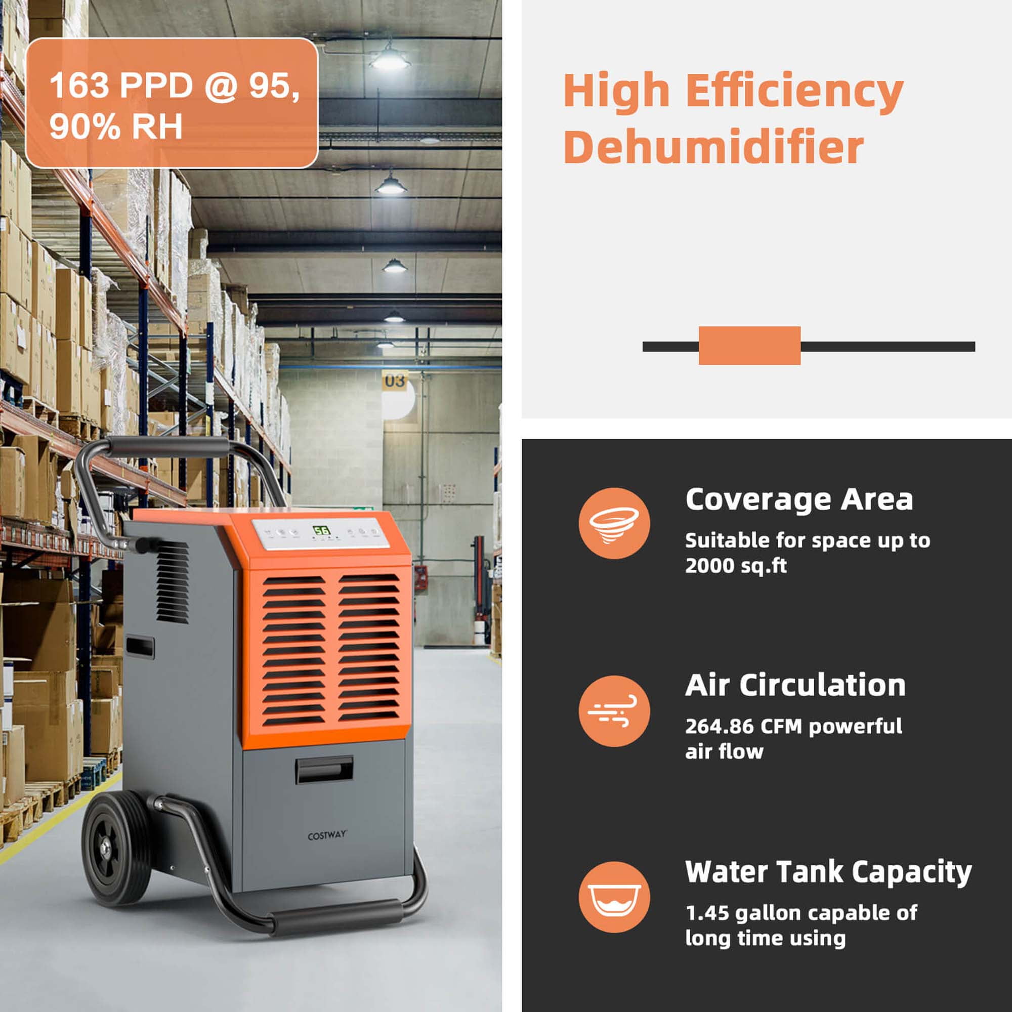 Costway Portable Commercial Dehumidifier for Large Spaces, High-Efficiency Moisture Control (Grey, 45-Pint DOE) a7uya