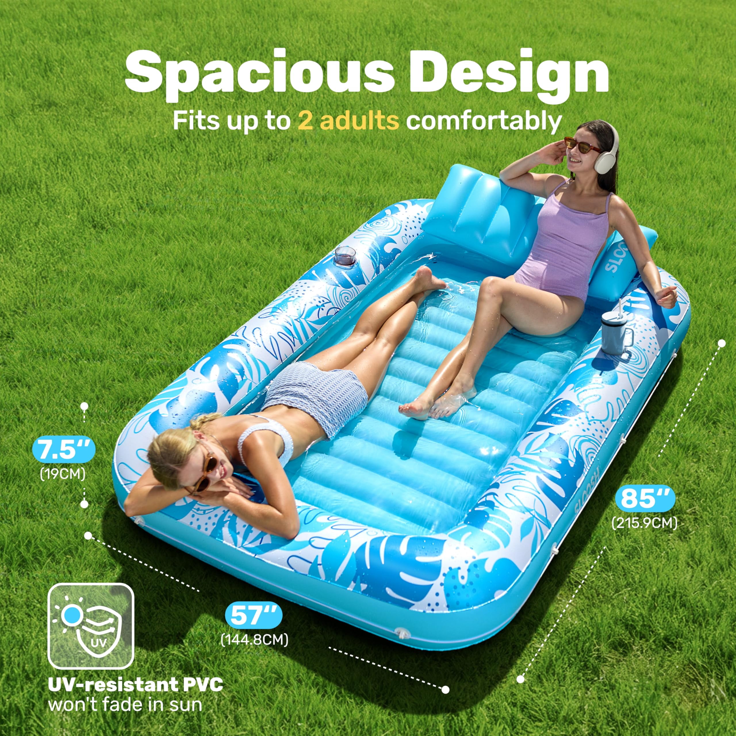 SLOOSH Inflatable Tanning Pool Lounger Float, Extra Large Suntan Bed for Adults (Blue, 85 in x 57 in) g1yek