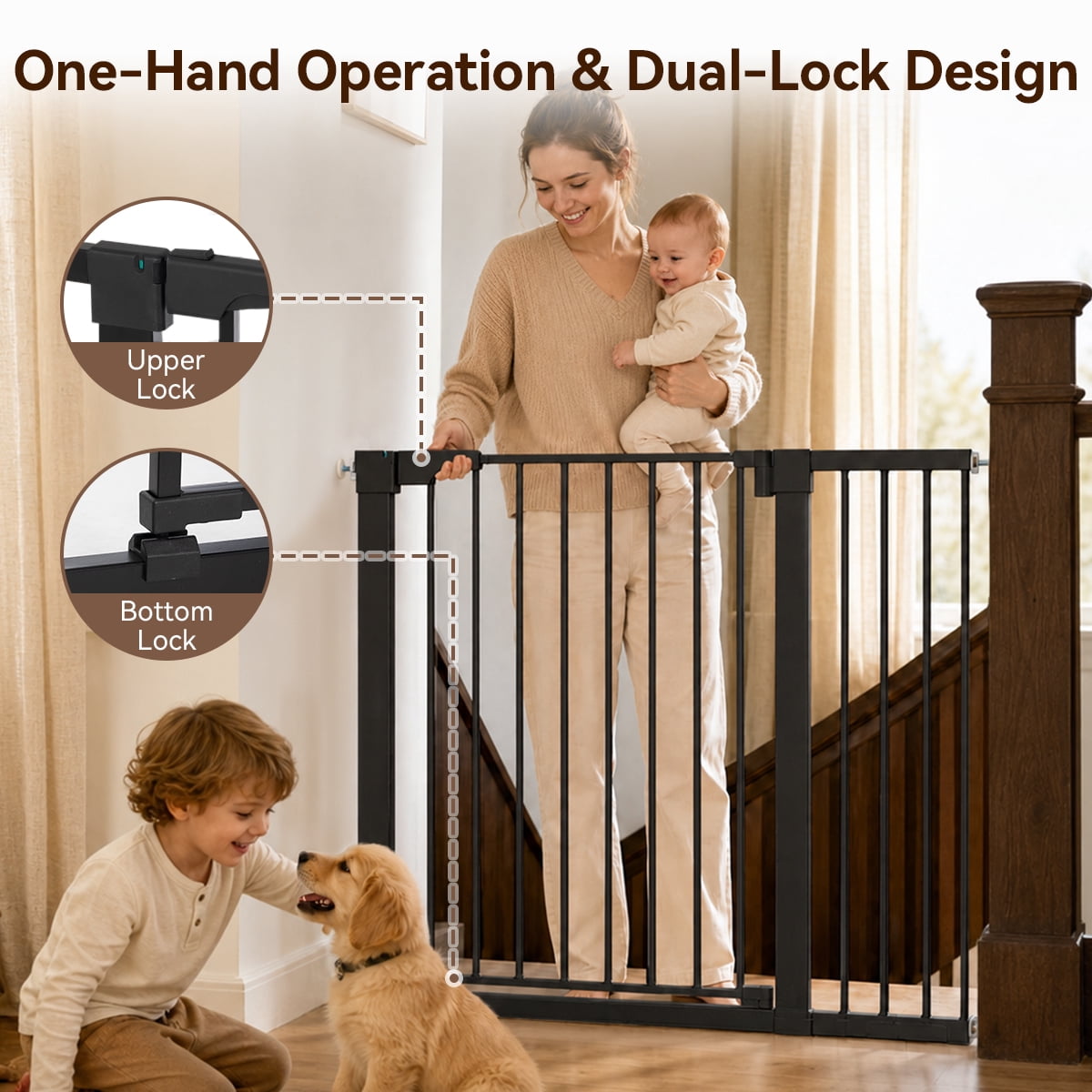 Caveen Baby Safety Gate for Stairs and Doorways, Extra Tall Pressure-Mounted Pet Barrier (Black, 36 in Tall, 29.5-43.3 in Wide) upmn5