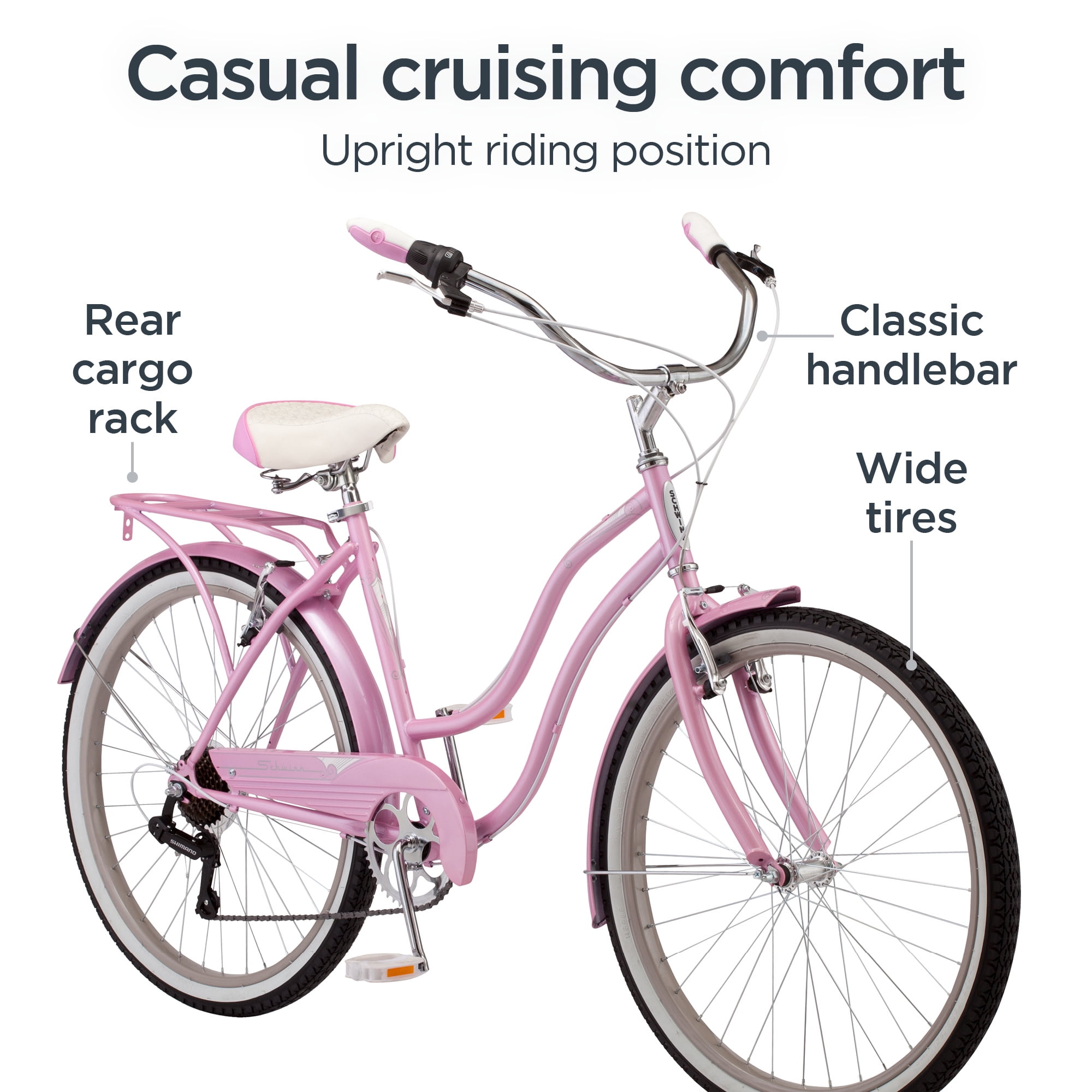 Schwinn Perla Cruiser Bike, 7-Speed Step-Thru Frame, Comfortable Upright Riding Position (Pink, 26 in) fo6l2