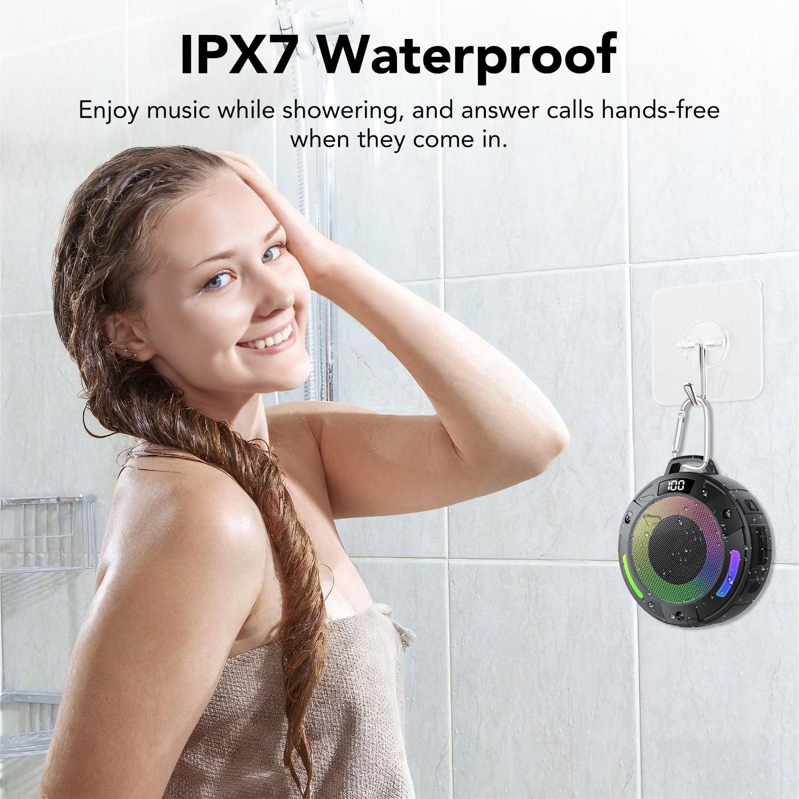 CASCHO Waterproof Bluetooth Shower Speaker, Portable Wireless Speaker with LED Light & Mic (Black) 43xru