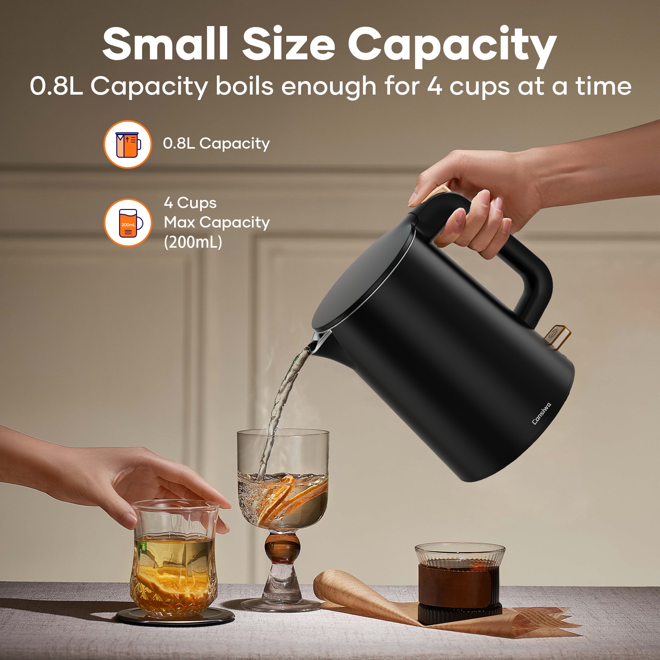Consiwa Electric Kettle, Double Wall Stainless Steel Water Boiler, Quick Boil Mini Tea Pot with Auto Shut Off (Black, 27 fl oz) vw2d3