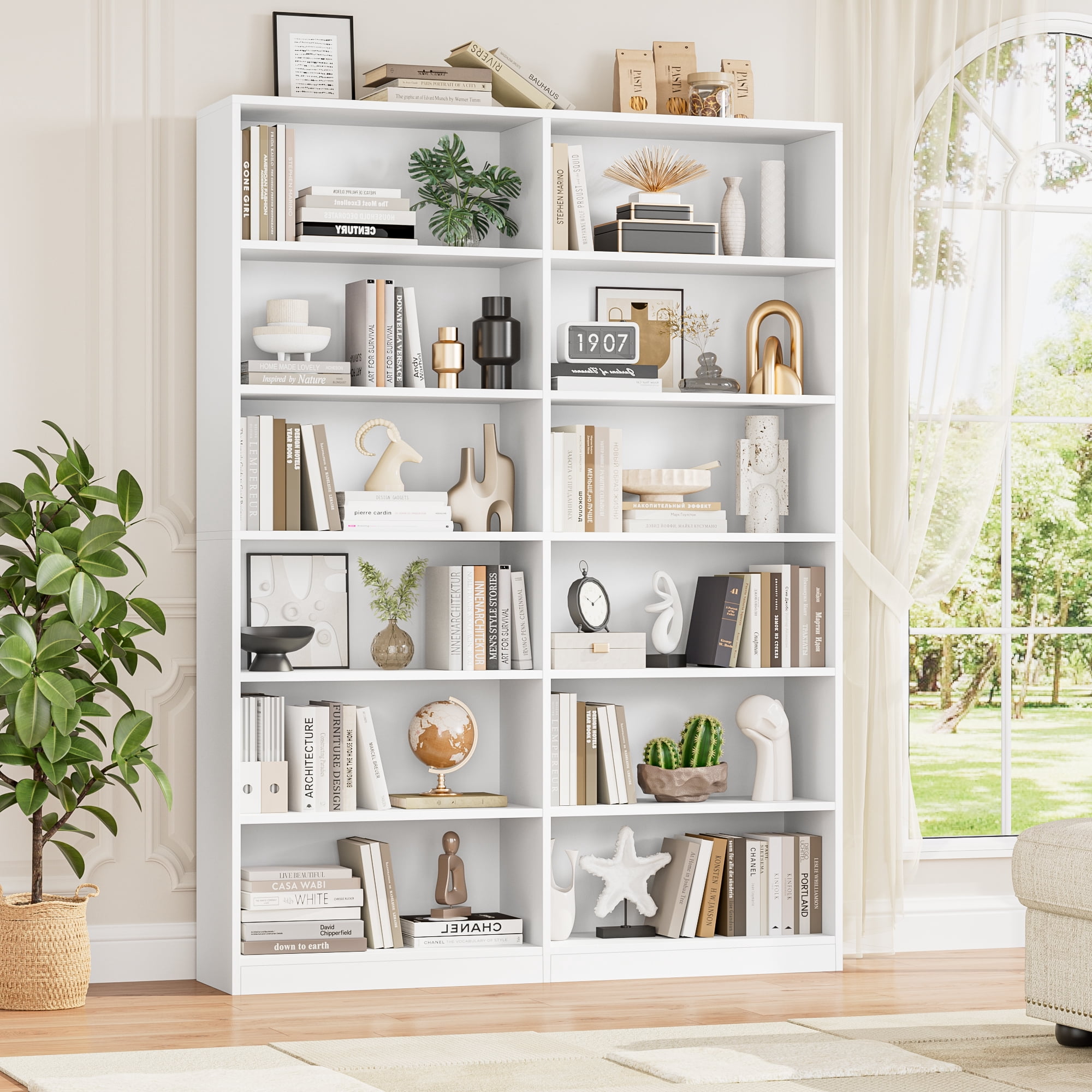 Homfa 6-Tier Double Wide Bookshelf, Extra Large Freestanding Display Storage Organizer for Home Office (White, 47.2 in W x 11.8 in D x 74.3 in H) sz3pl