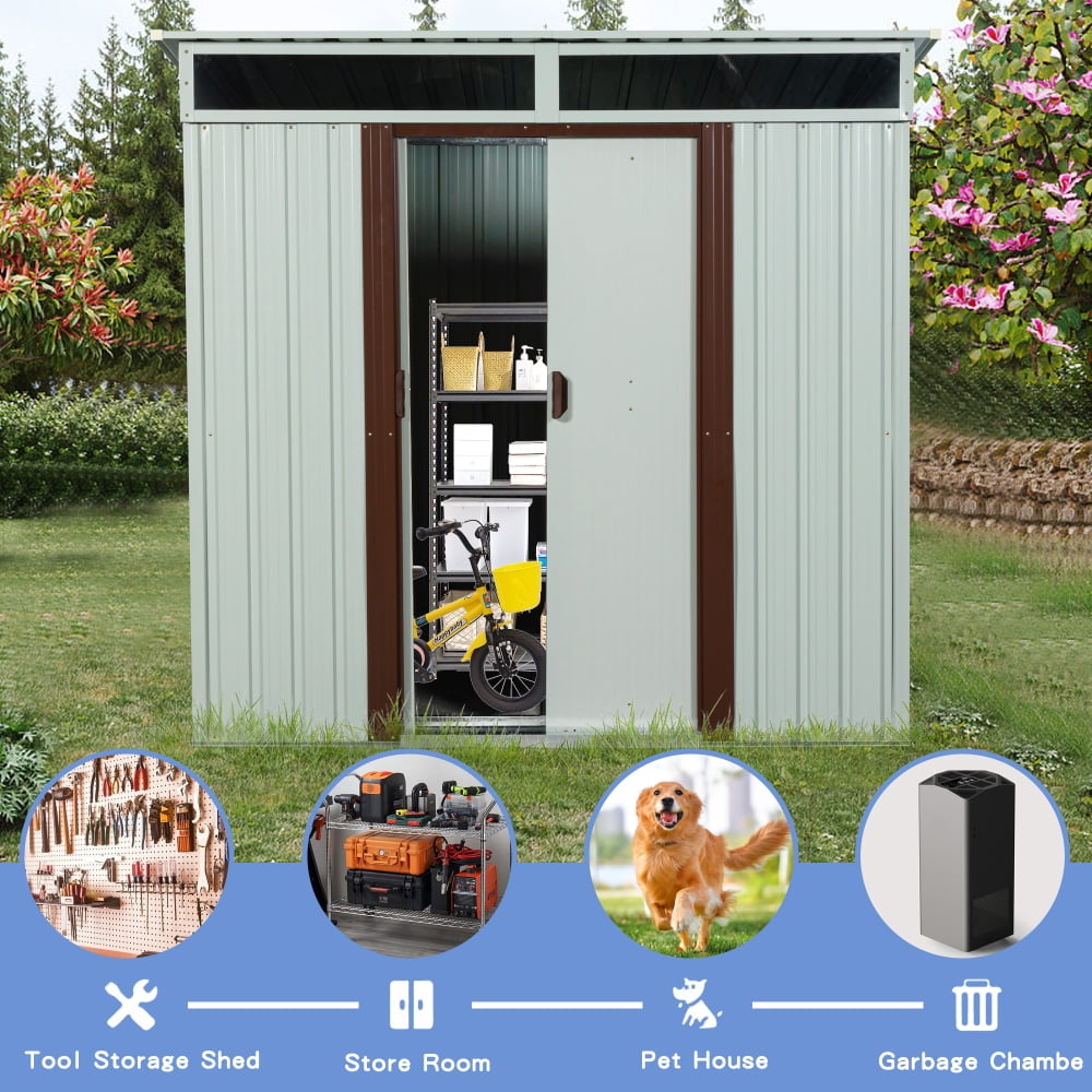 Generic Outdoor Metal Storage Shed, Weather-Resistant Garden Tool Organizer with Sliding Doors (White, 6 ft x 5 ft) vjf1z