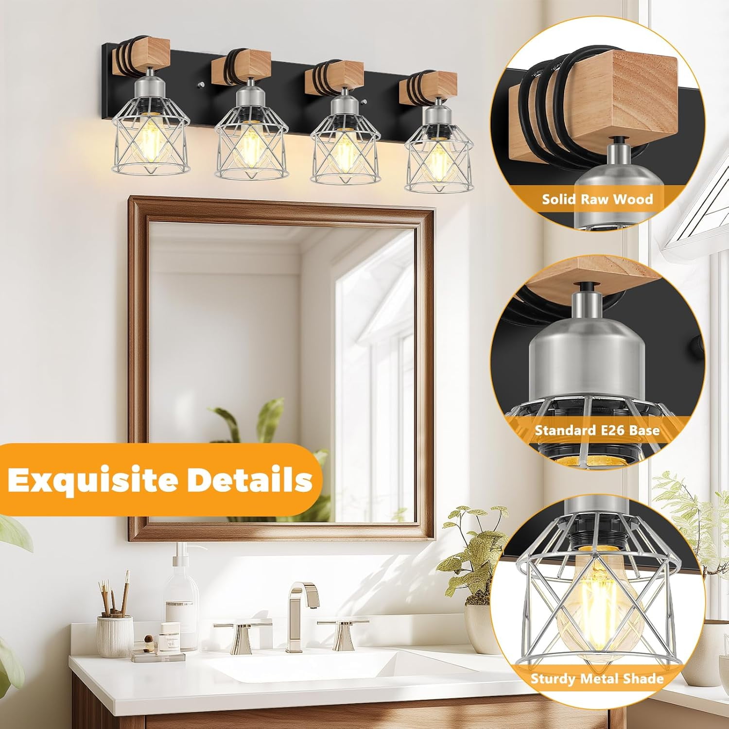 Licperron 4-Light Farmhouse Vanity Lighting, Rustic Wood and Metal Cage Wall Sconce (Black, 25.6 in) 4tl37