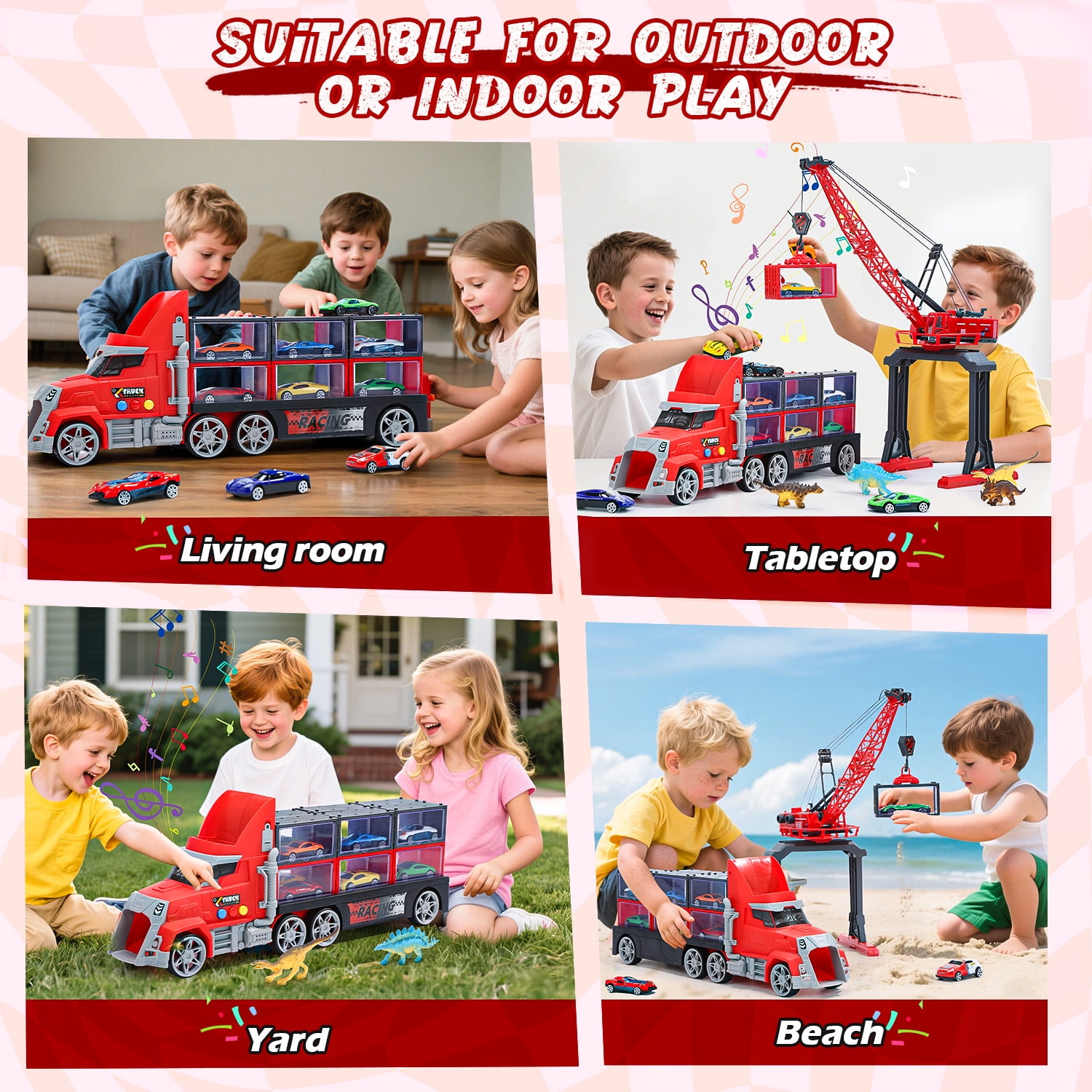 WonderStone 3-in-1 Fire Rescue Truck Playset with Crane, 12 Die-Cast Cars, and 6 Dinosaur Figures (Red, 17.33 in x 7.48 in x 4.33 in) 5bsgw