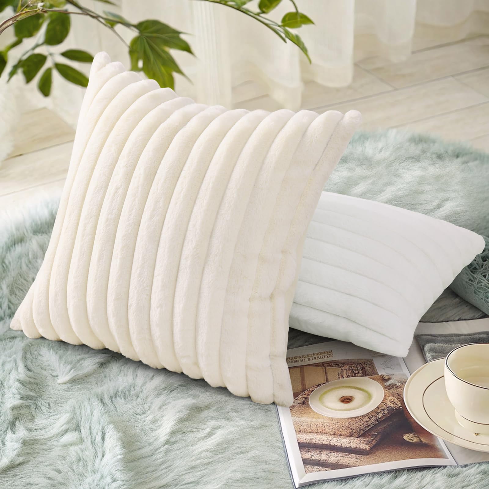 decorUhome Faux Fur Plush Throw Pillow Covers, Soft Striped Decorative Couch Cushion Cases (Cream White, 18x18 in, 2 Pack) qzjp8
