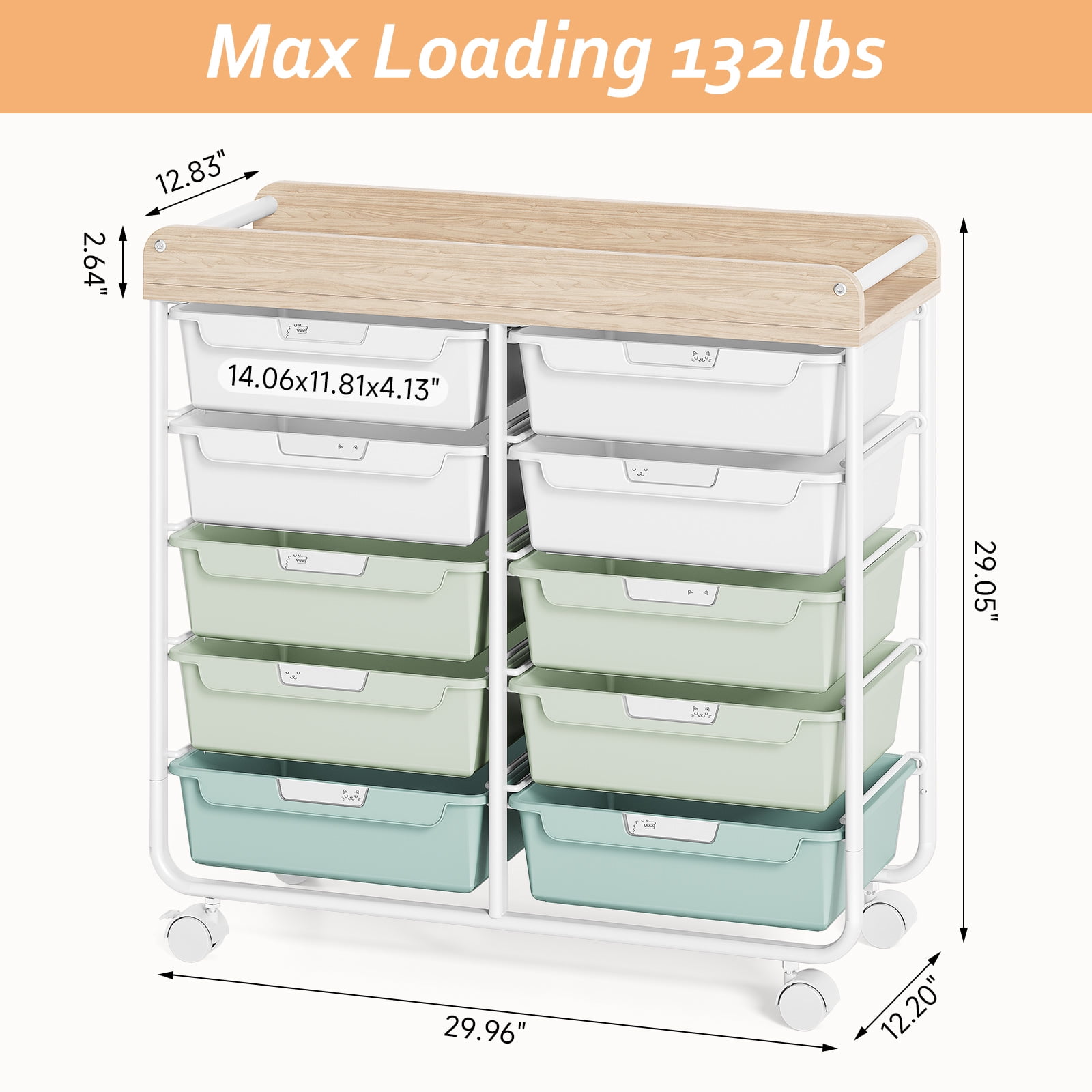 KINGRACK 10-Drawer Rolling Storage Cart with Wooden Tabletop (Green, 15.35 in x 12.6 in x 38.2 in) 4vlwt