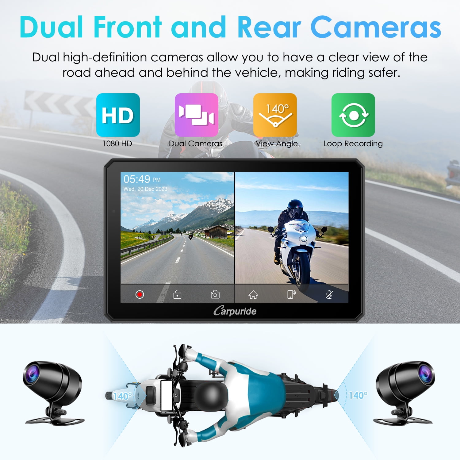 Carpuride Motorcycle Dash Cam with Wireless Apple CarPlay and Android Auto, 7 in HD Touch Screen, Dual 1080P Front and Rear Cameras (Black, 7 in) fs3sm